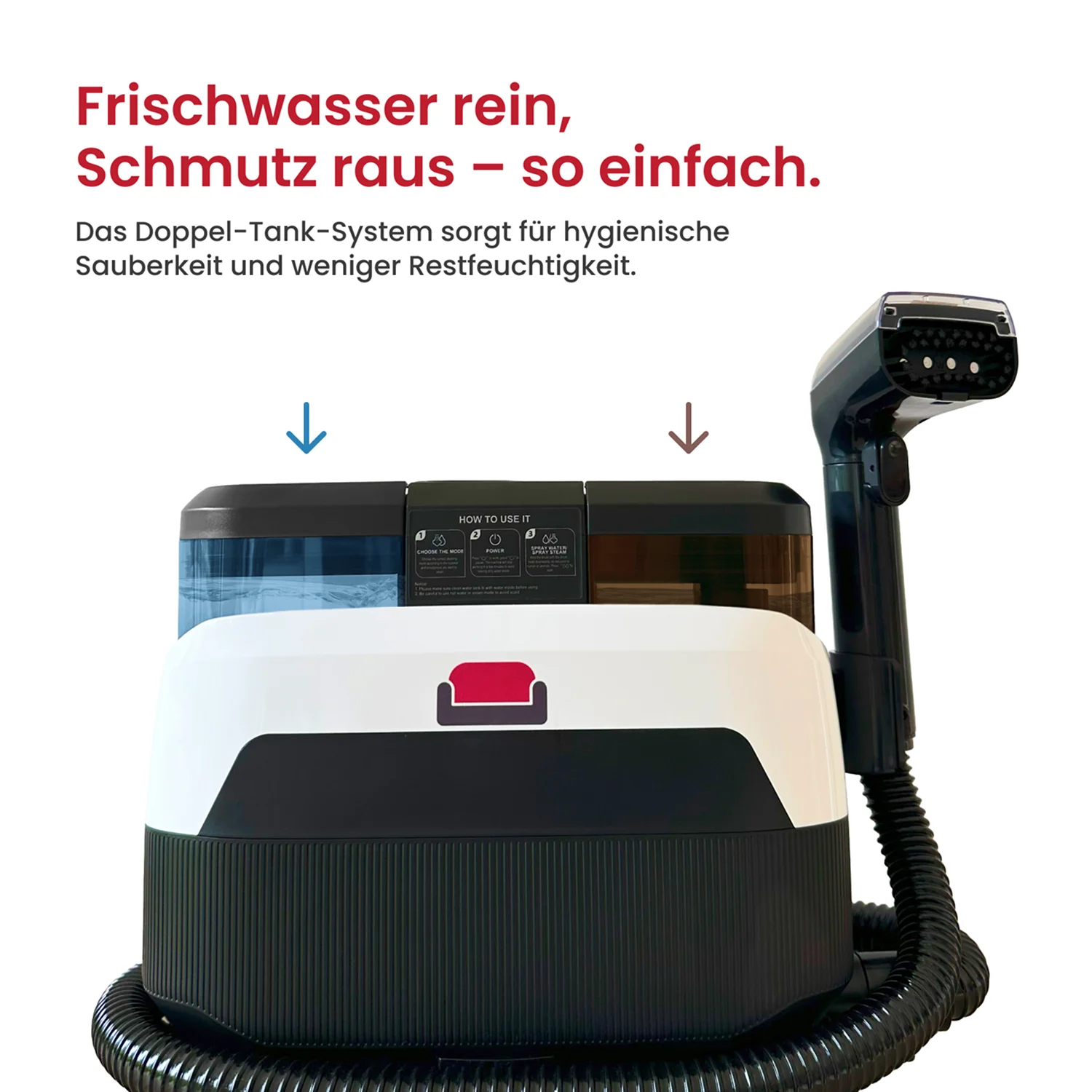 A black and white upholstery cleaning machine showing its dual water tank system and attached cleaning hose.