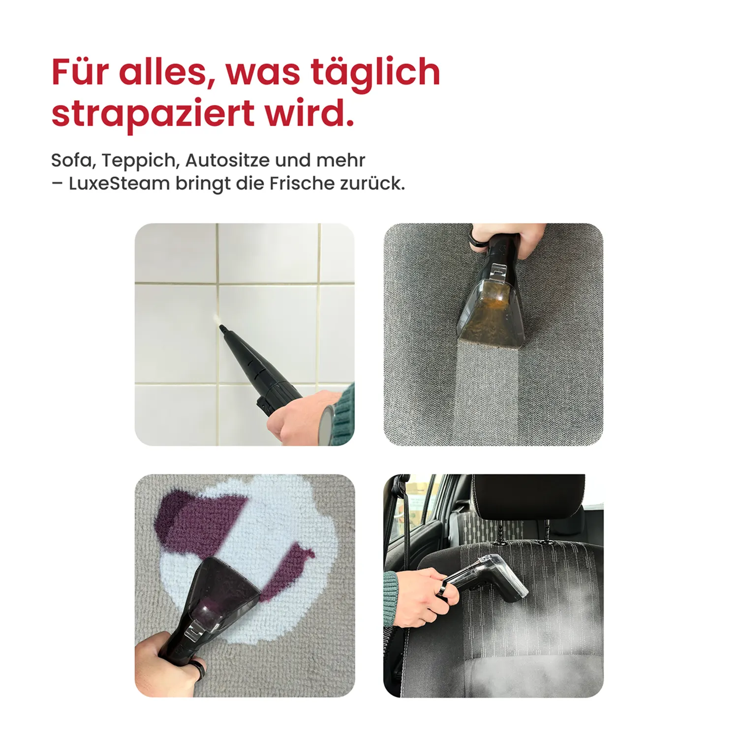 A collage of four images showing a cleaning tool being used on tile grout, upholstery, a rug, and a car seat.