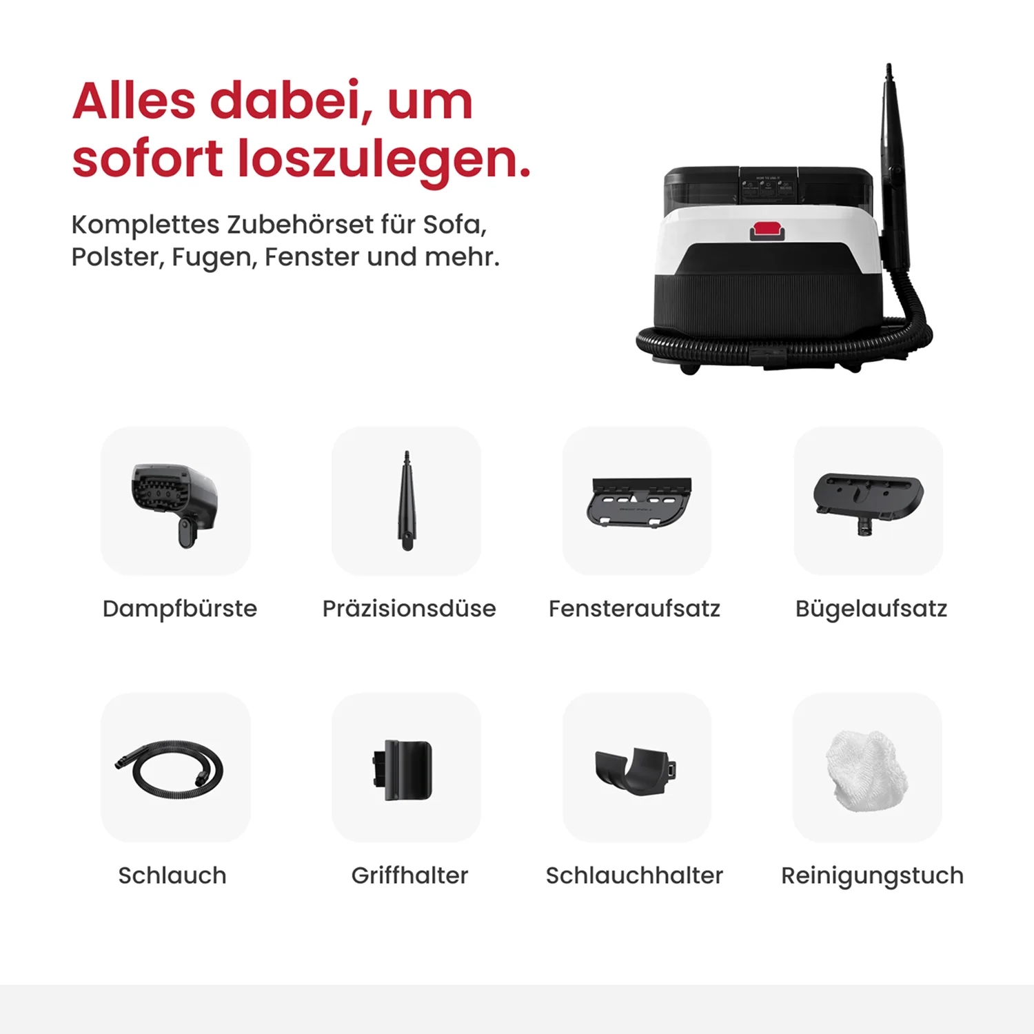 A cleaning appliance shown with its full set of eight accessories, including various brushes, nozzles, and holders.