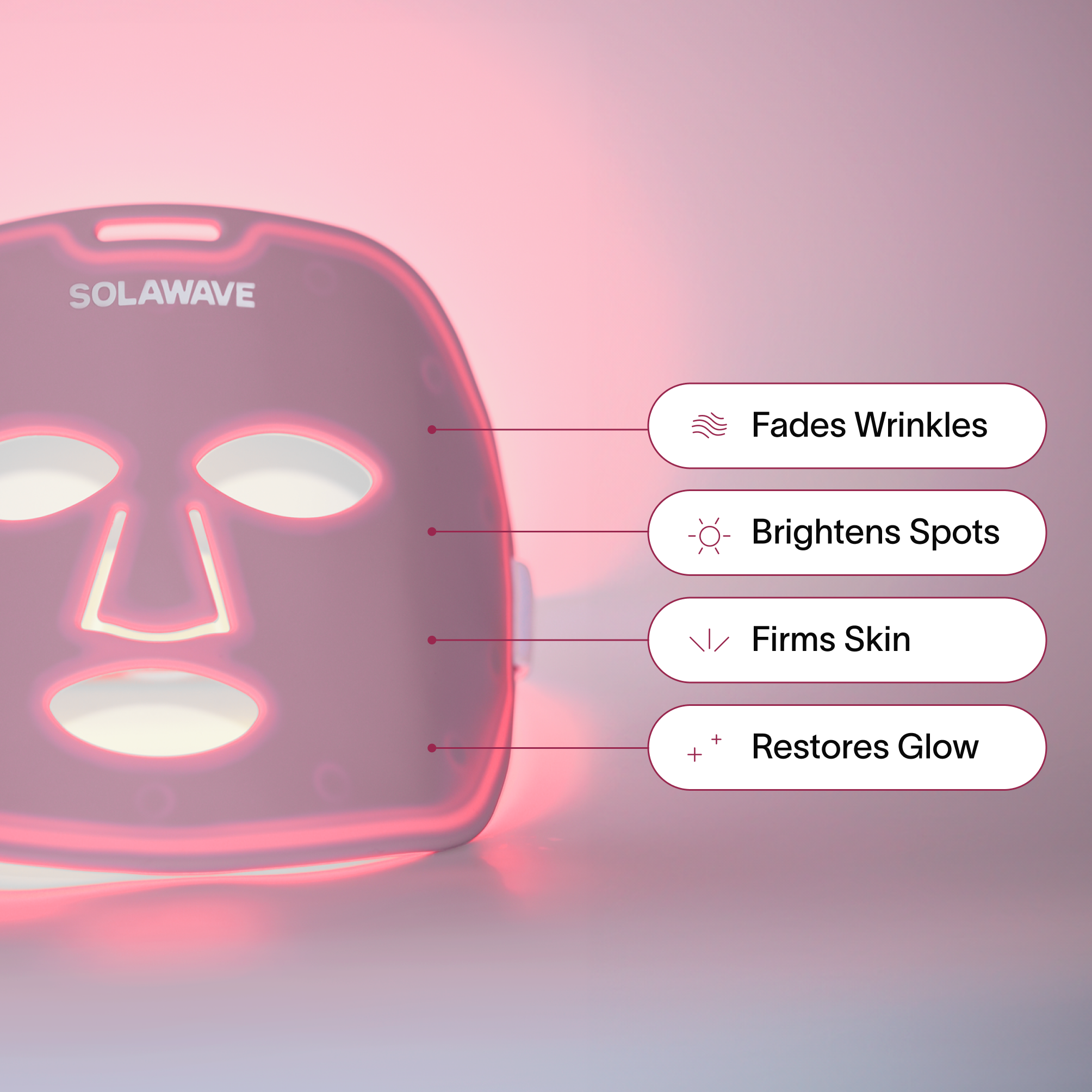 Red LED face mask with benefits listed: fades wrinkles, brightens spots, firms skin, restores glow.