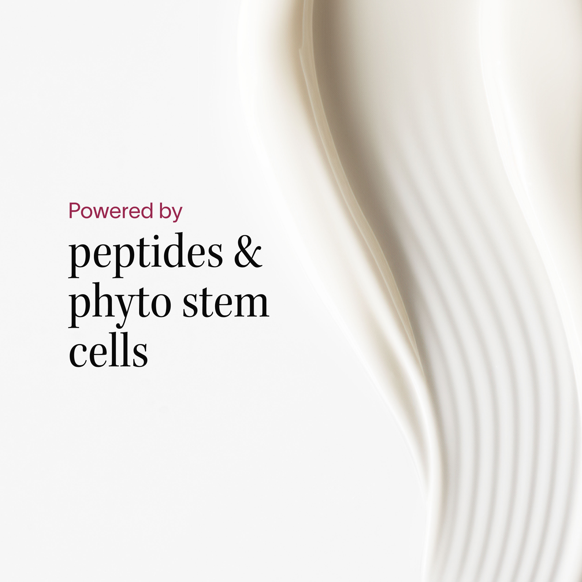 Text reads 'Powered by peptides & phyto stem cells' with abstract cream texture.