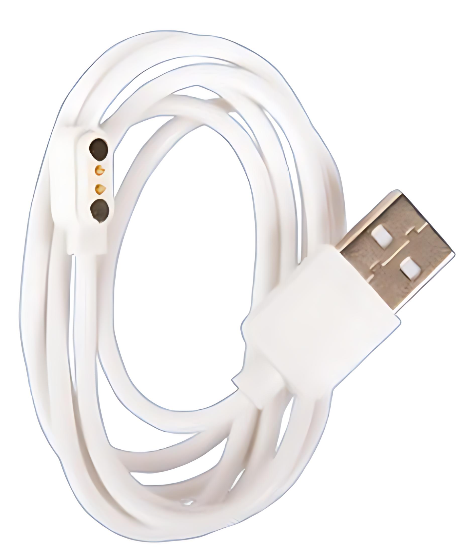 Coiled white USB charging cable with magnetic connectors.