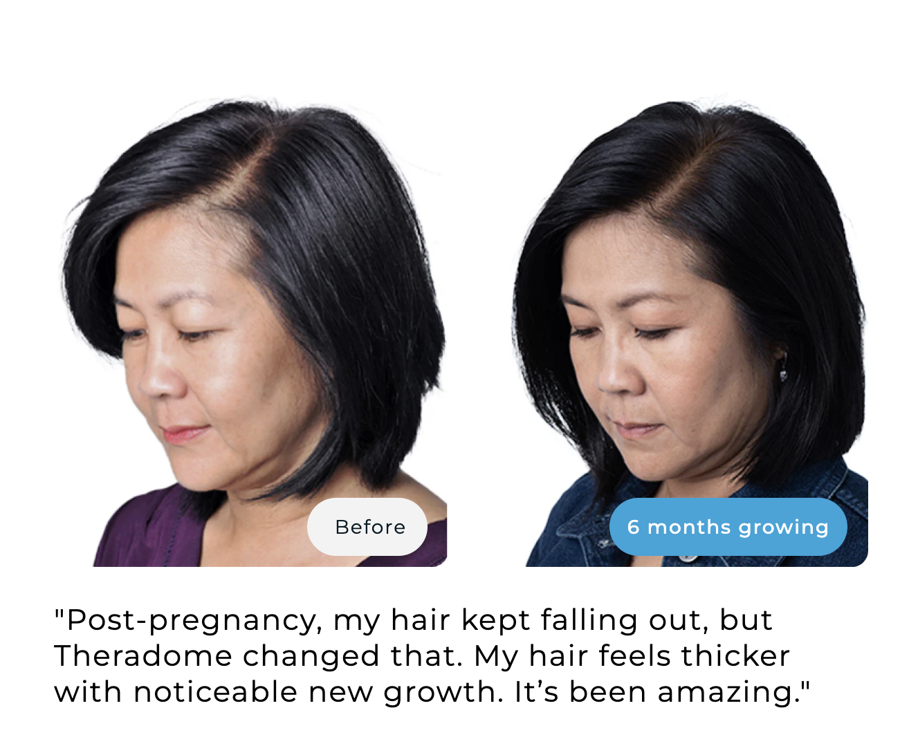 Side-by-side comparison of a woman's hair before and after six months.