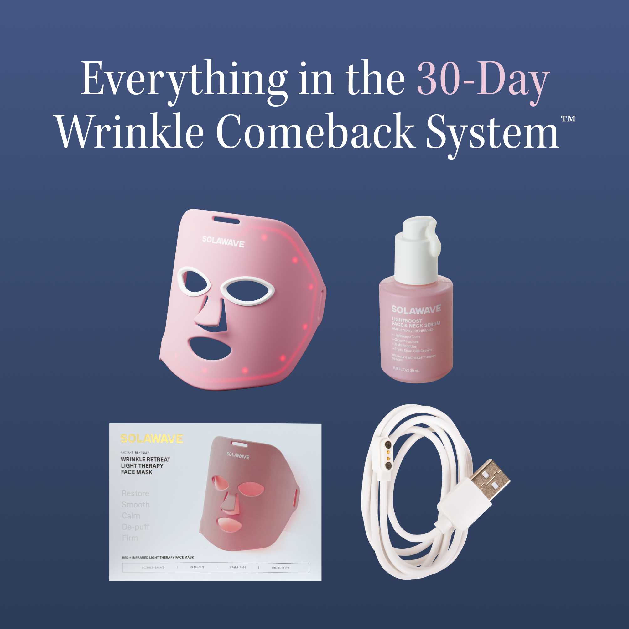 Skincare products including a light therapy mask, serum, and USB cable on a blue background.