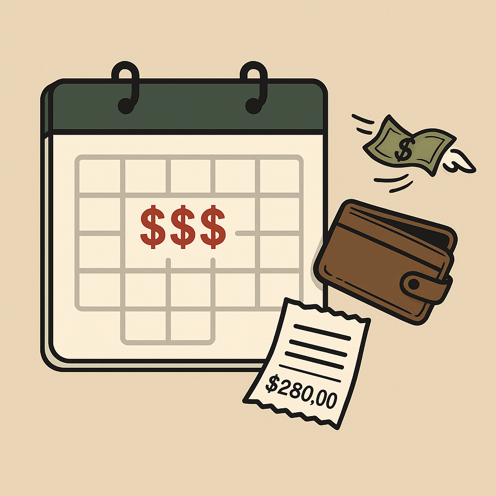 Calendar with dollar signs, wallet, flying cash, and a receipt showing $280.00.