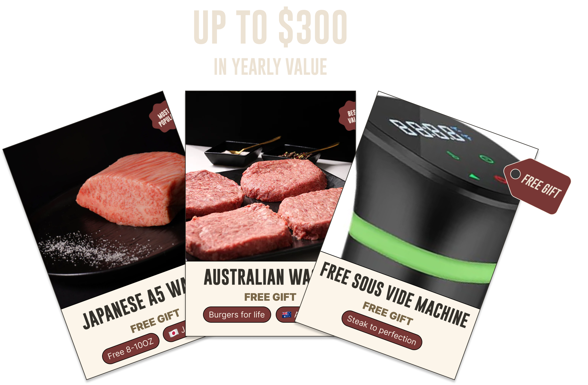 Three promotional cards featuring meat and a sous vide machine with 'Free Gift' tags.