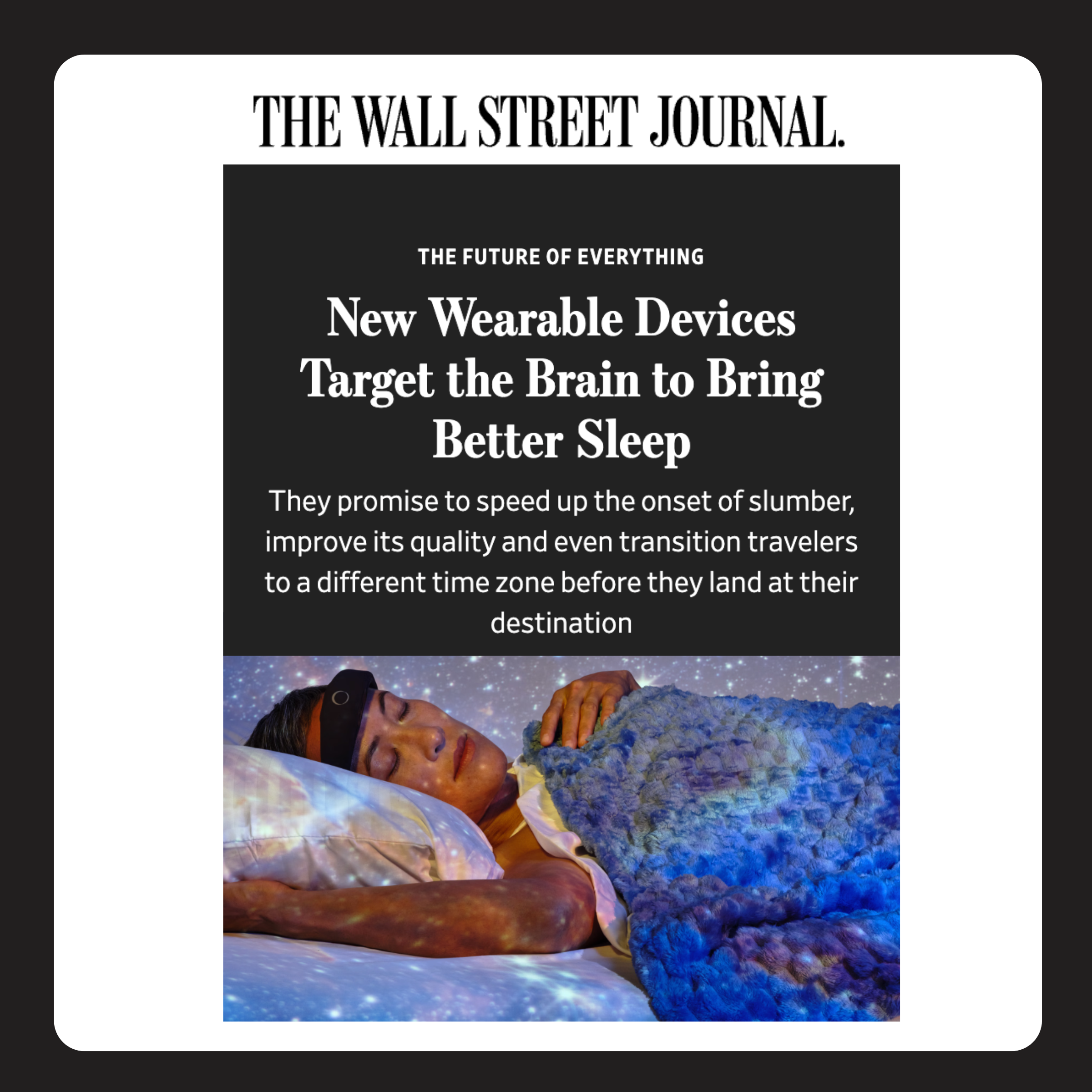 A person sleeps in bed wearing a high-tech headband, with a projection of stars on them.