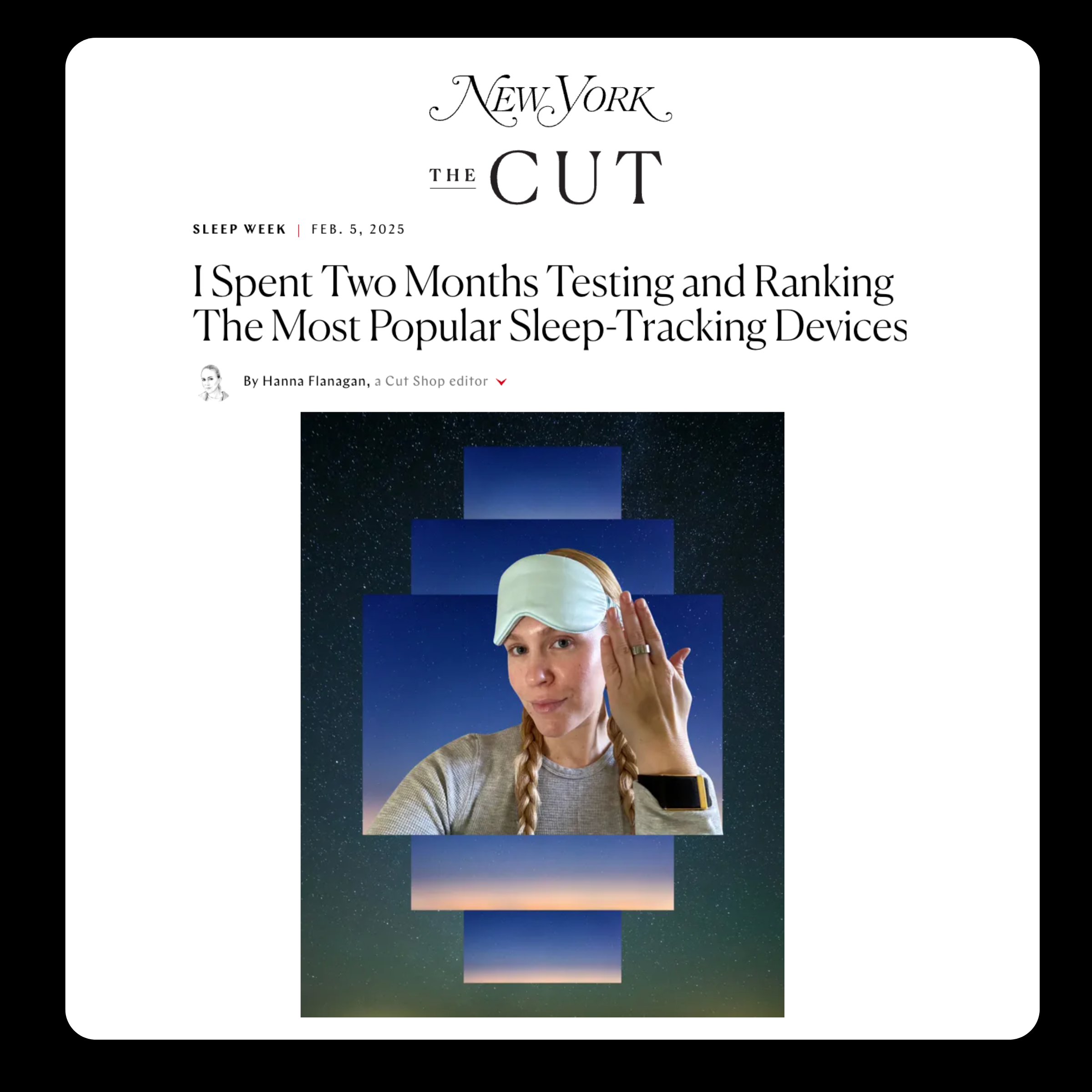 A woman wearing a sleep mask and sleep tracker, against a photo collage of a starry night sky.