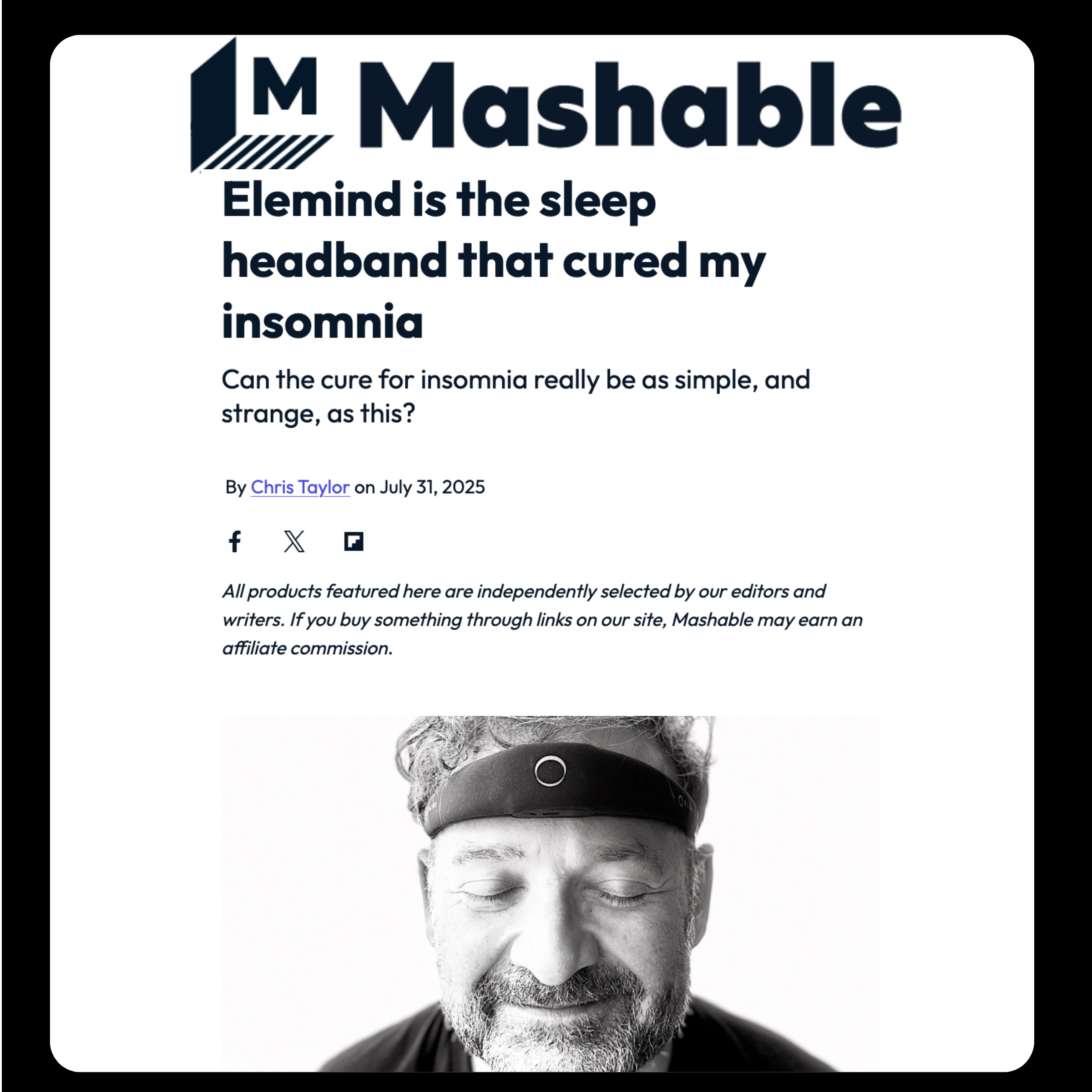 A screenshot of a Mashable article about the Elemind sleep headband, showing a man wearing the device.