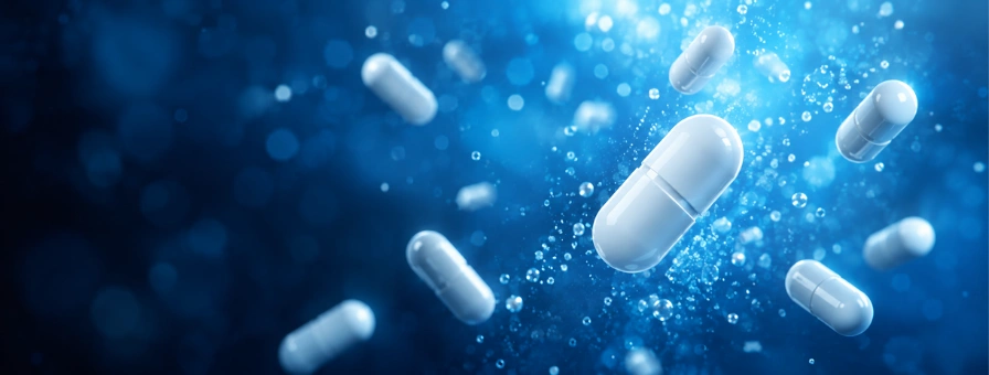 A stylized image of white pill capsules floating against a vibrant blue background with bubbles.
