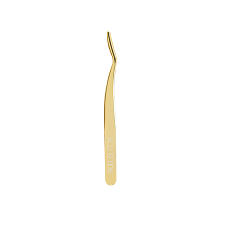 A pair of gold Acu Seeds tweezers with a curved tip against a white background.