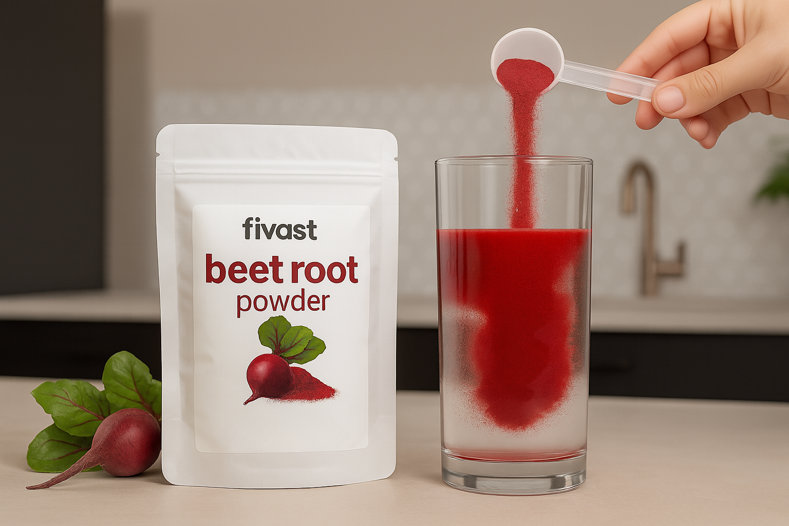 Beetroot powder being poured into a glass beside a product package.