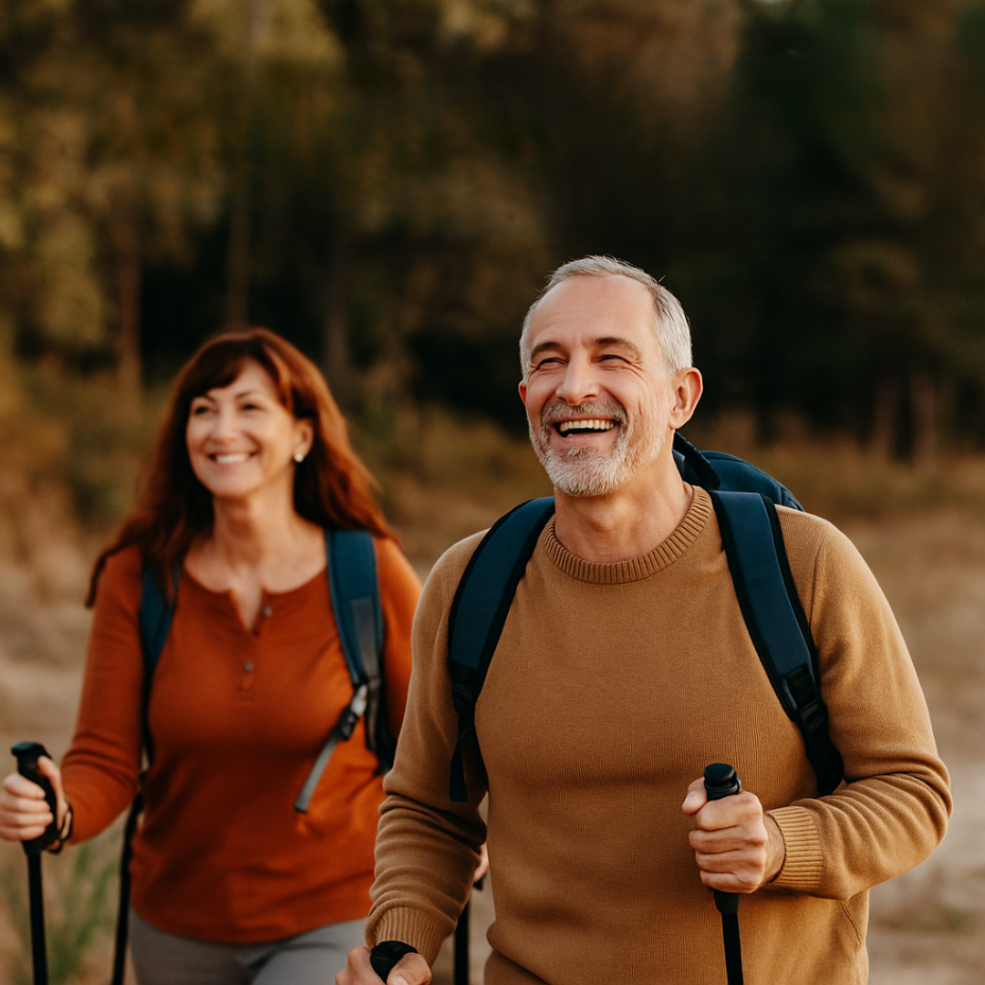 Two people hiking with backpacks and walking sticks in a forest.