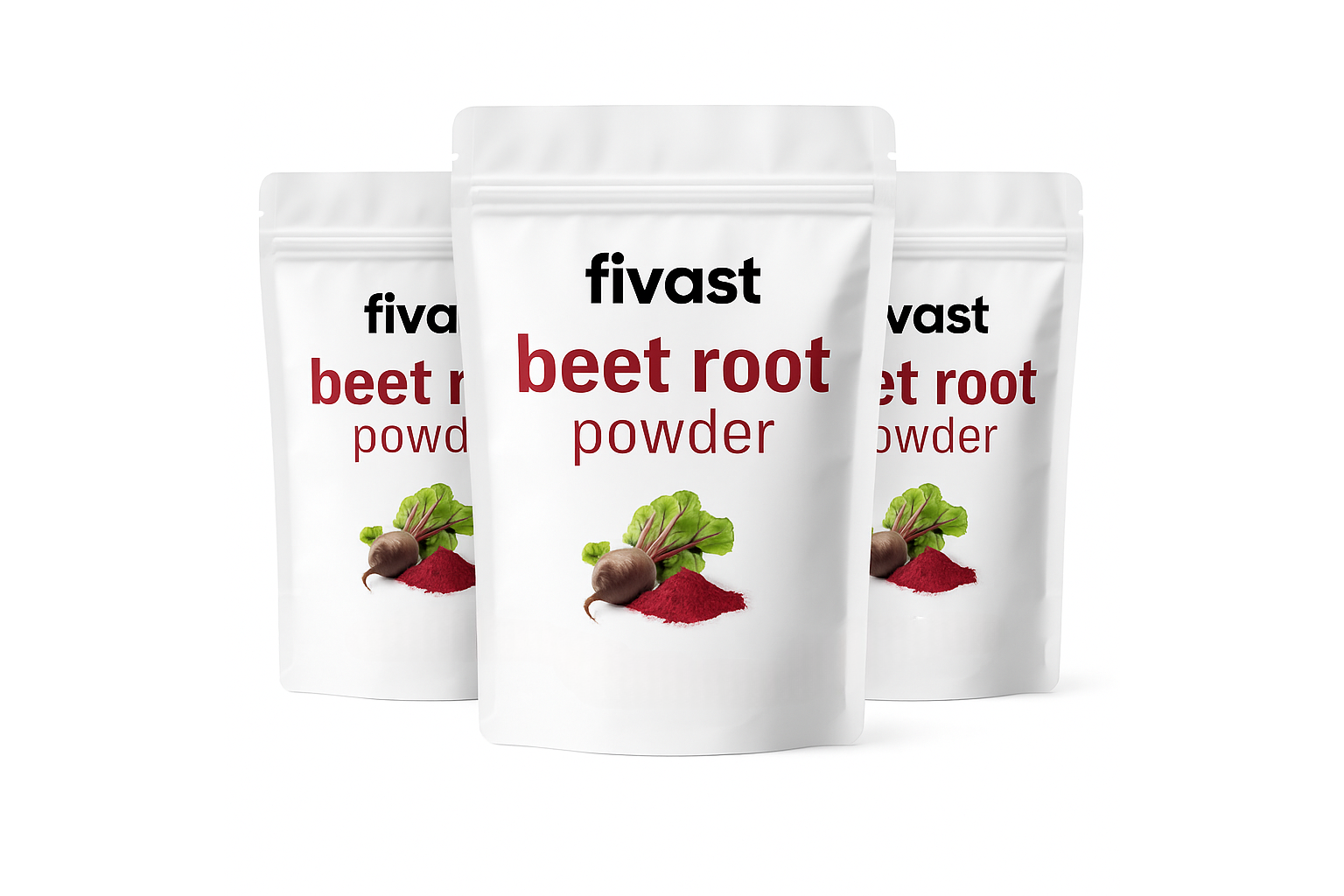 Three bags of beet root powder with beetroot images on them.