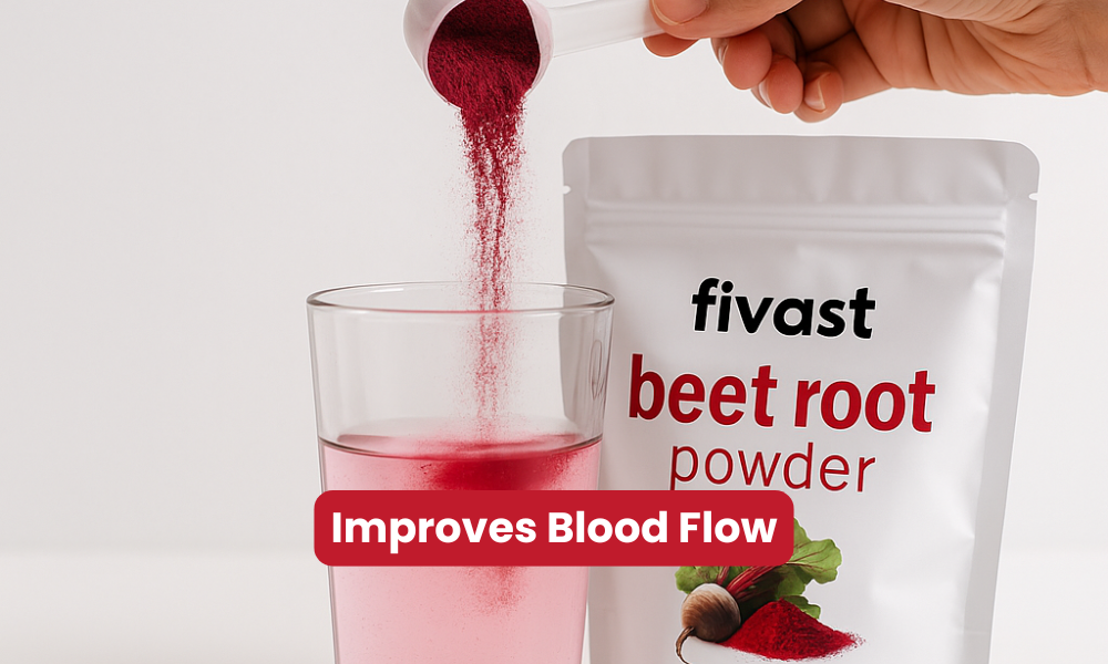 Beetroot powder being poured into a glass of water next to a product package.