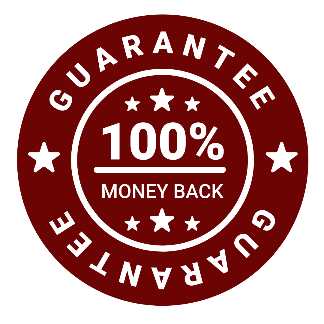 Red circular badge with '100% Money Back Guarantee' text and stars.