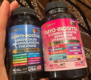 Two supplement bottles, labeled 'Corti-Soothe' and 'Myo-Inositol,' featuring various ingredients.
