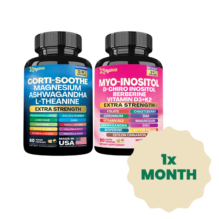 Two supplement bottles labeled Corti-Soothe and Myo-Inositol with a '1x Month' badge.