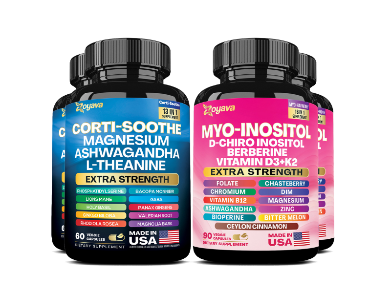 Four bottles of dietary supplements with colorful labels and black caps.