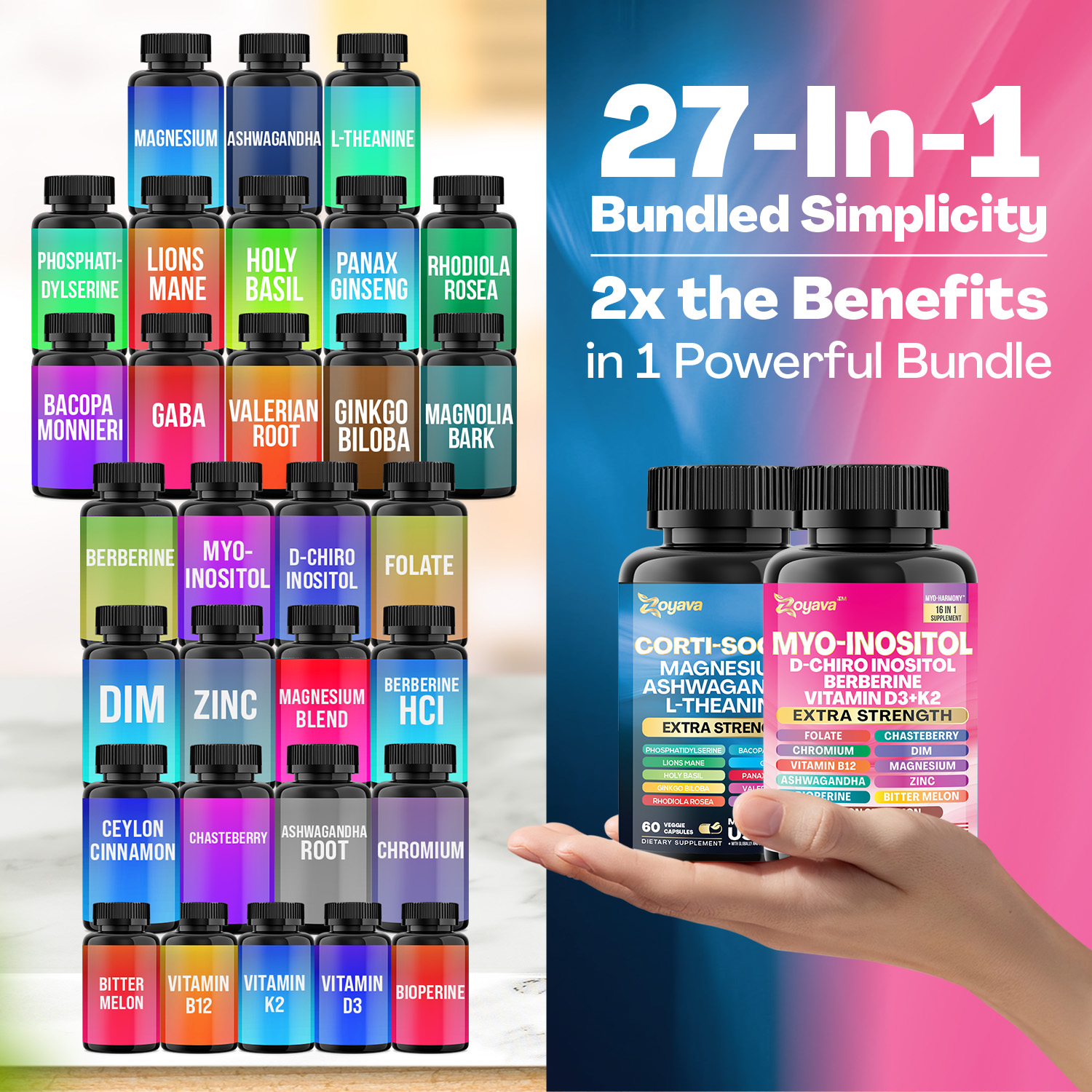 Image of various supplement bottles with colorful labels and a hand holding two bottles.
