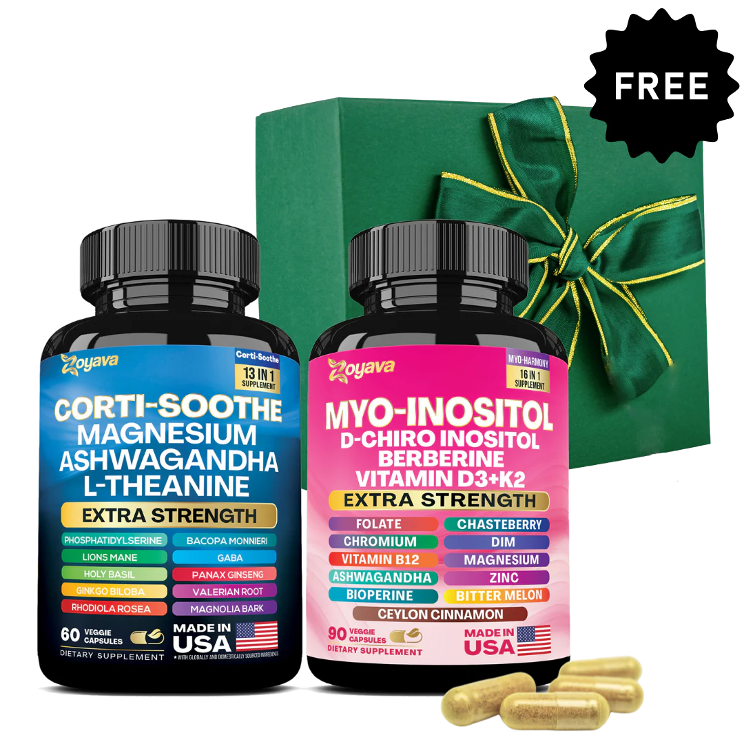 Supplement bottles with green gift box and capsules shown in front.