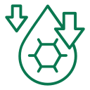 Green icon of a droplet, arrows, and hexagon.