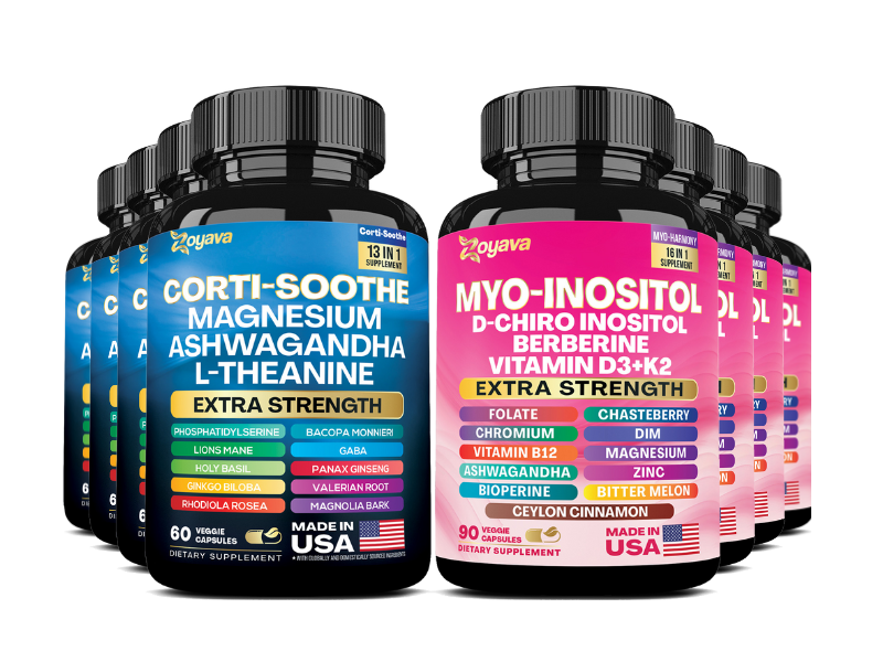 Bottles of dietary supplements with colorful labels and various ingredients listed.