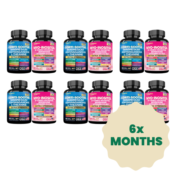 Ten supplement bottles with a '6x MONTHS' label in the corner.
