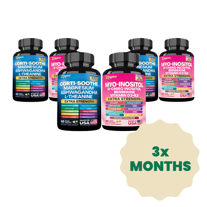 Six supplement bottles with colorful labels and a '3x Months' badge.