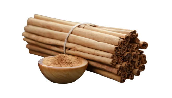 Bundle of cinnamon sticks with a bowl of ground cinnamon.