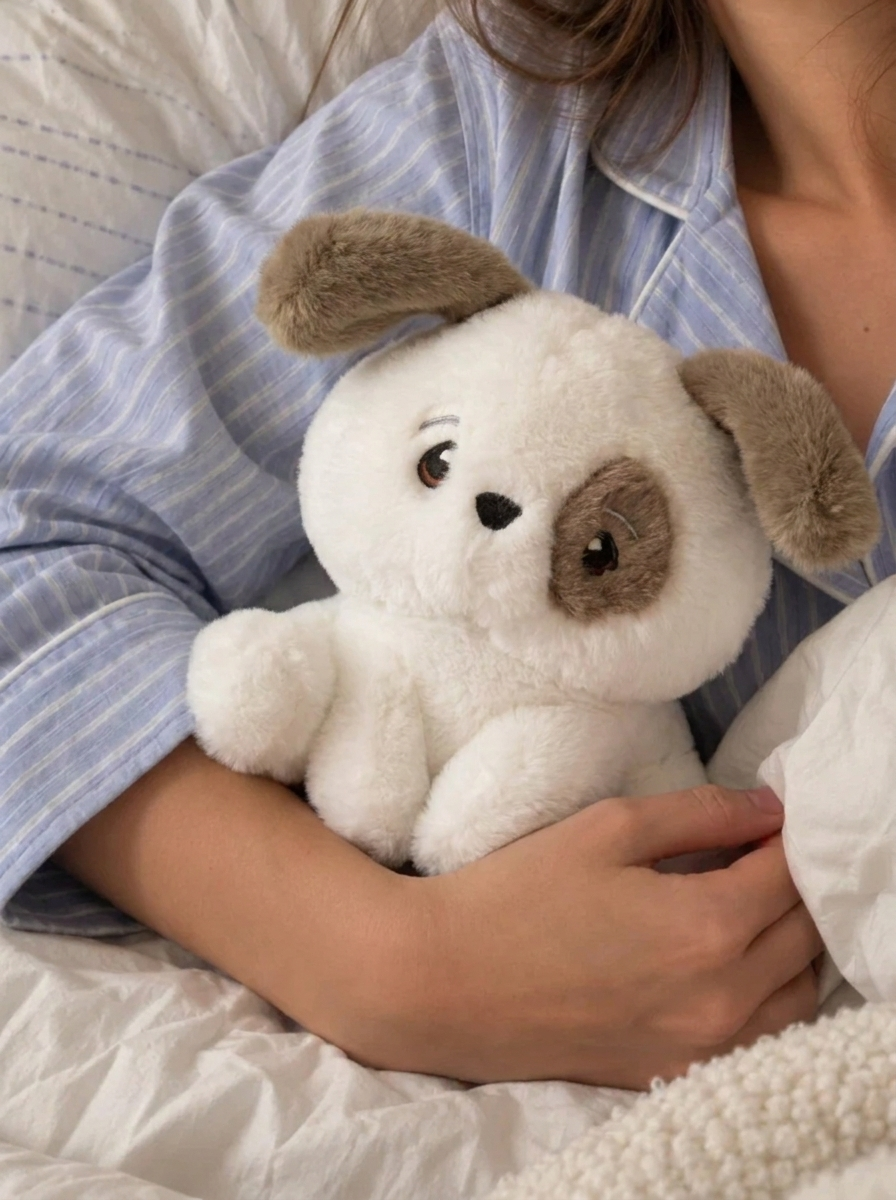 A person in blue striped pajamas holding a fluffy white and brown stuffed dog in bed.