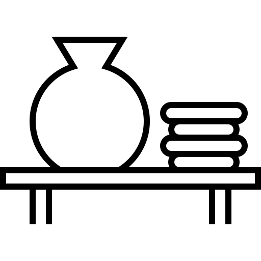 A black and white line drawing of a vase and a stack of items on a shelf.