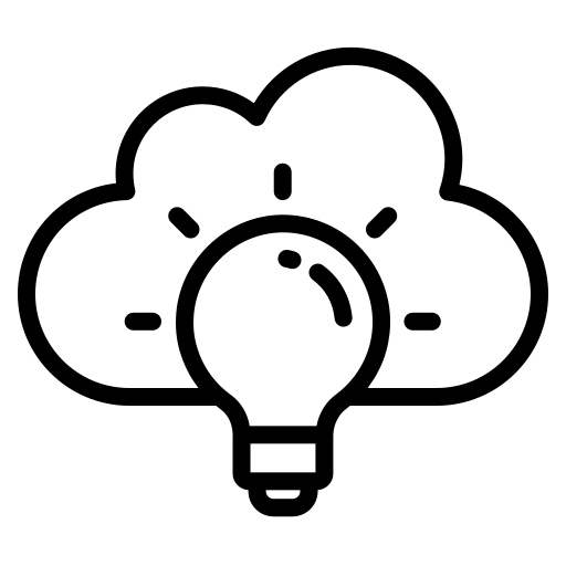 A black and white line icon of a glowing lightbulb in front of a cloud.