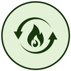 Green flame icon with circular arrows on a light green background.