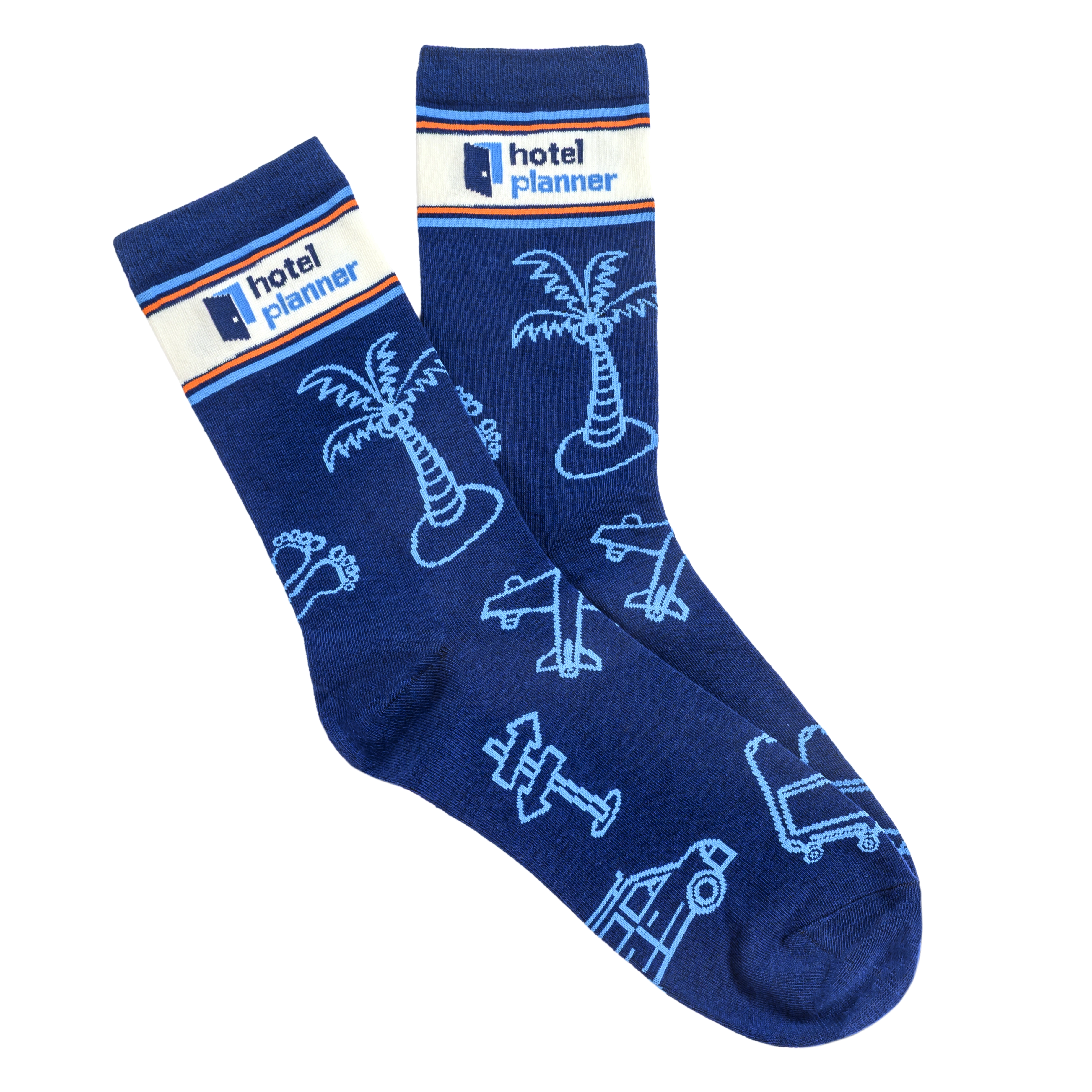 A pair of blue socks with the Hotel Planner logo and various travel-themed graphics on them.