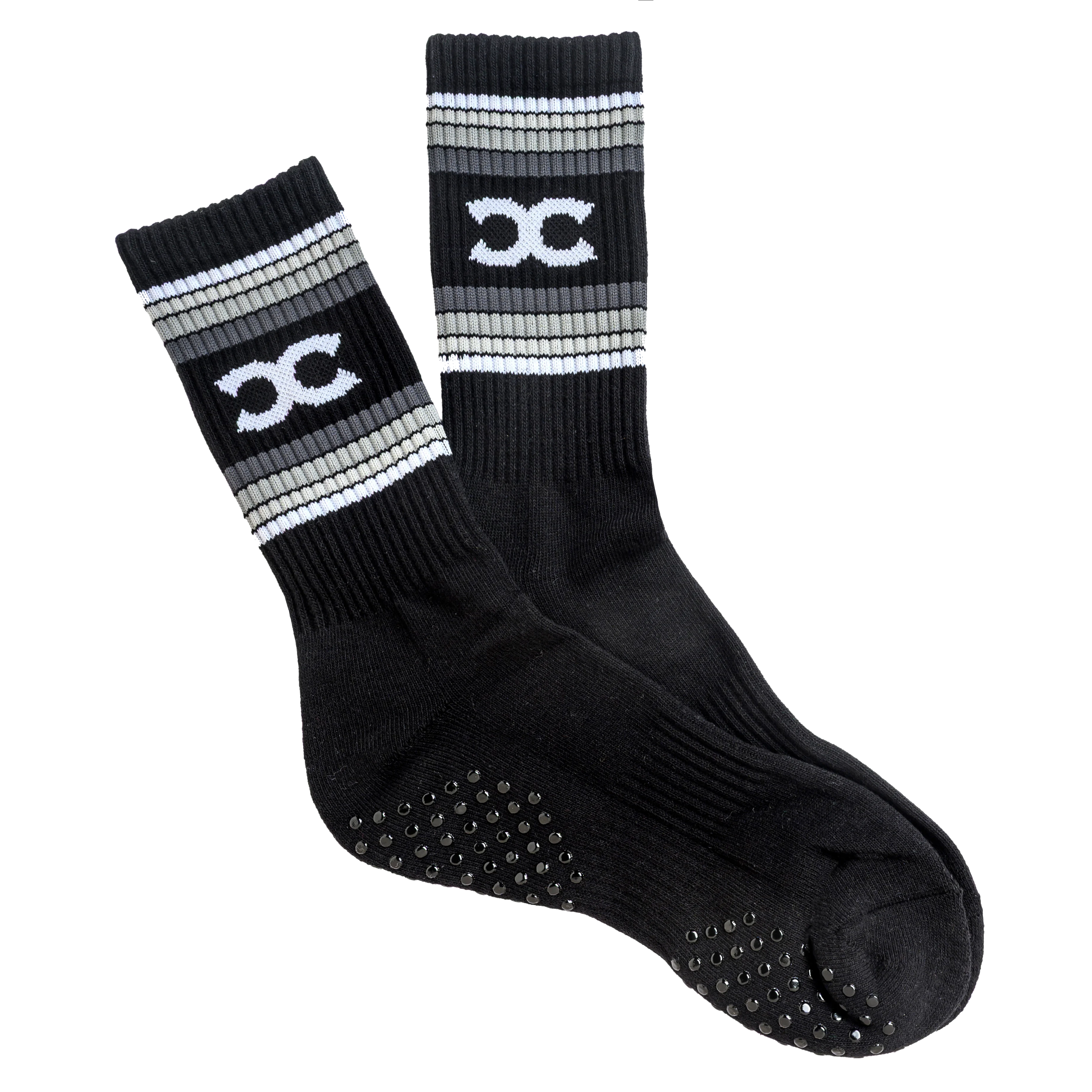 A pair of black grip socks with white stripe detailing and the CrossFit Central logo design.