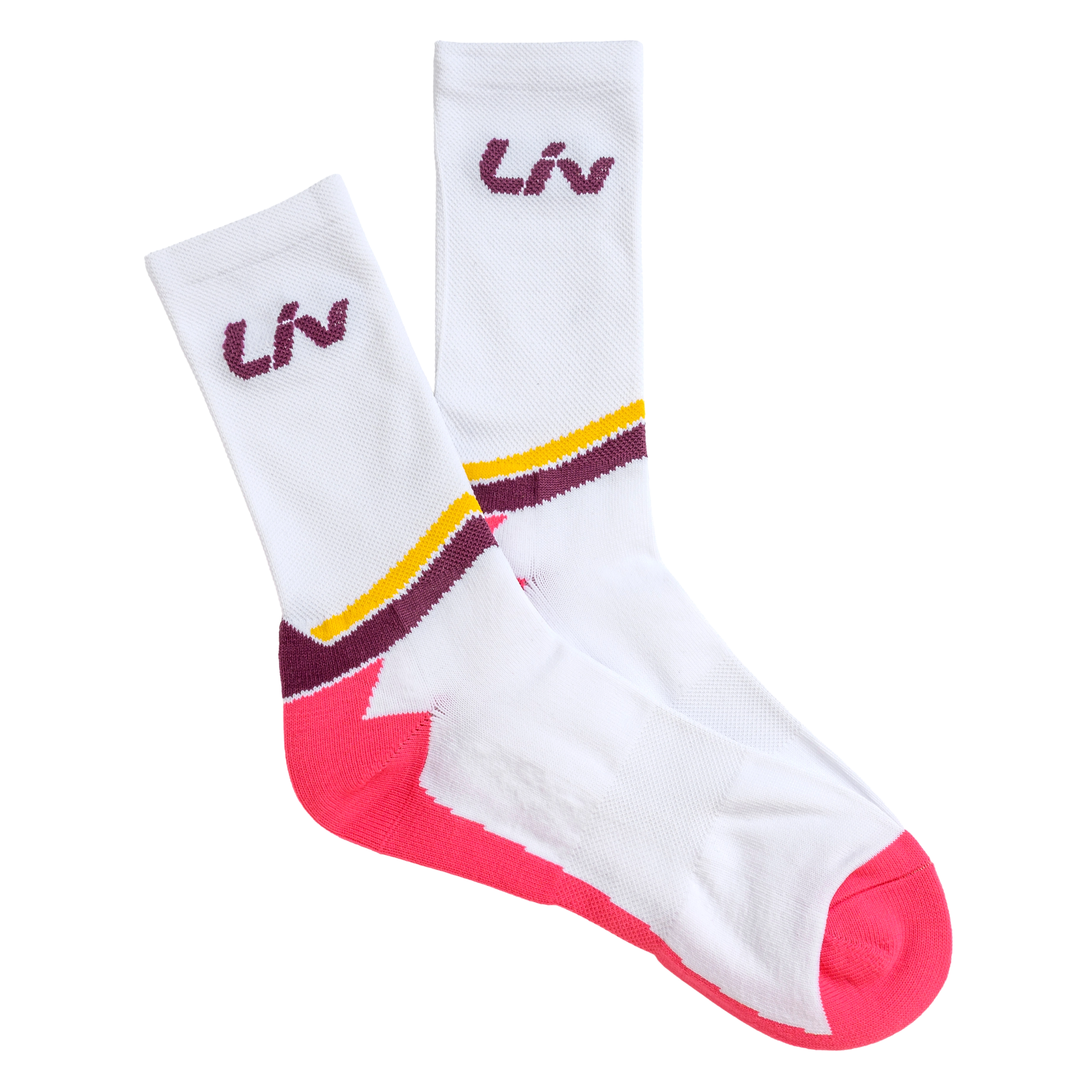 A pair of white athletic socks with pink, yellow, and maroon accents and a maroon 'Liv' logo.