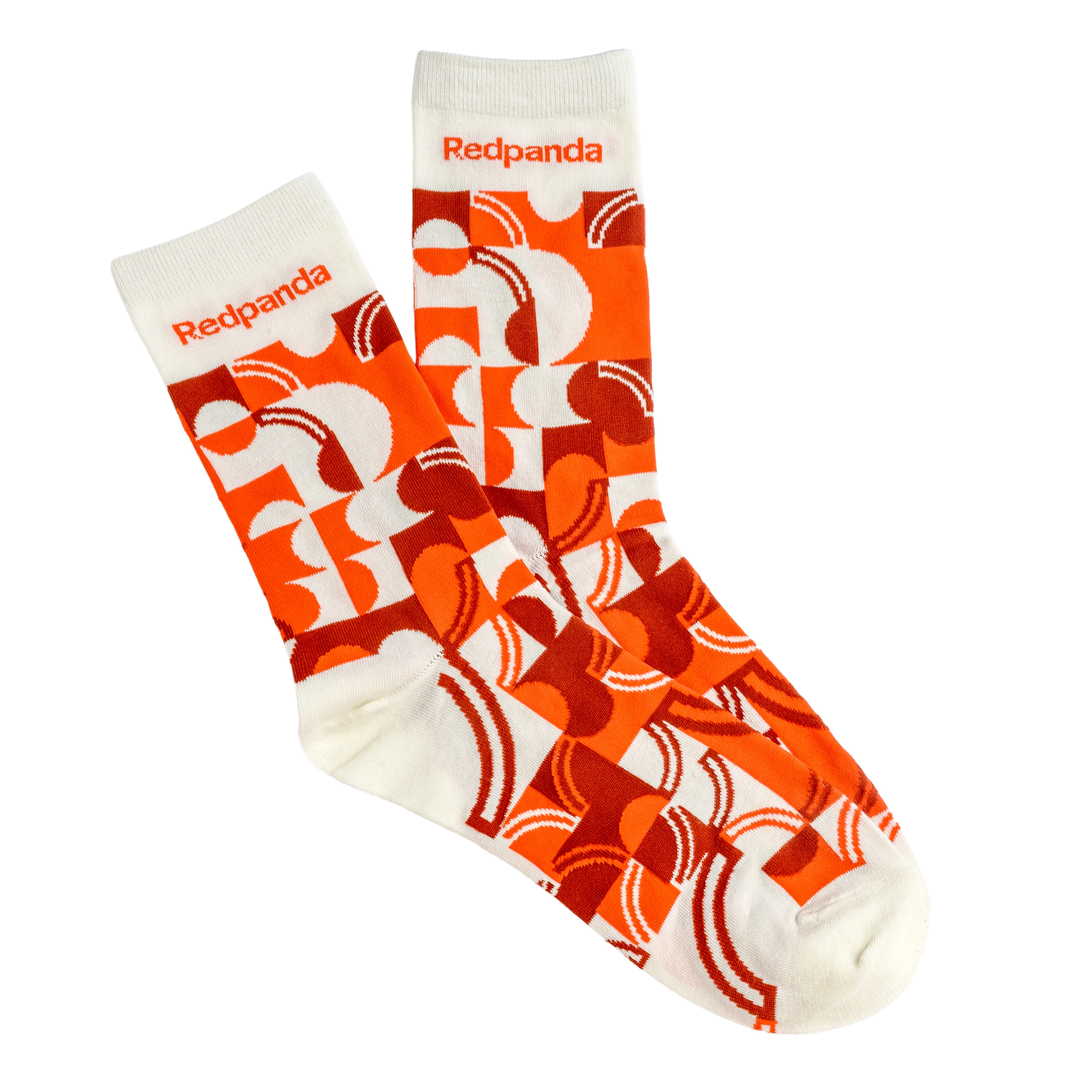 A pair of white socks with an orange and red geometric pattern and the word 'Redpanda'.