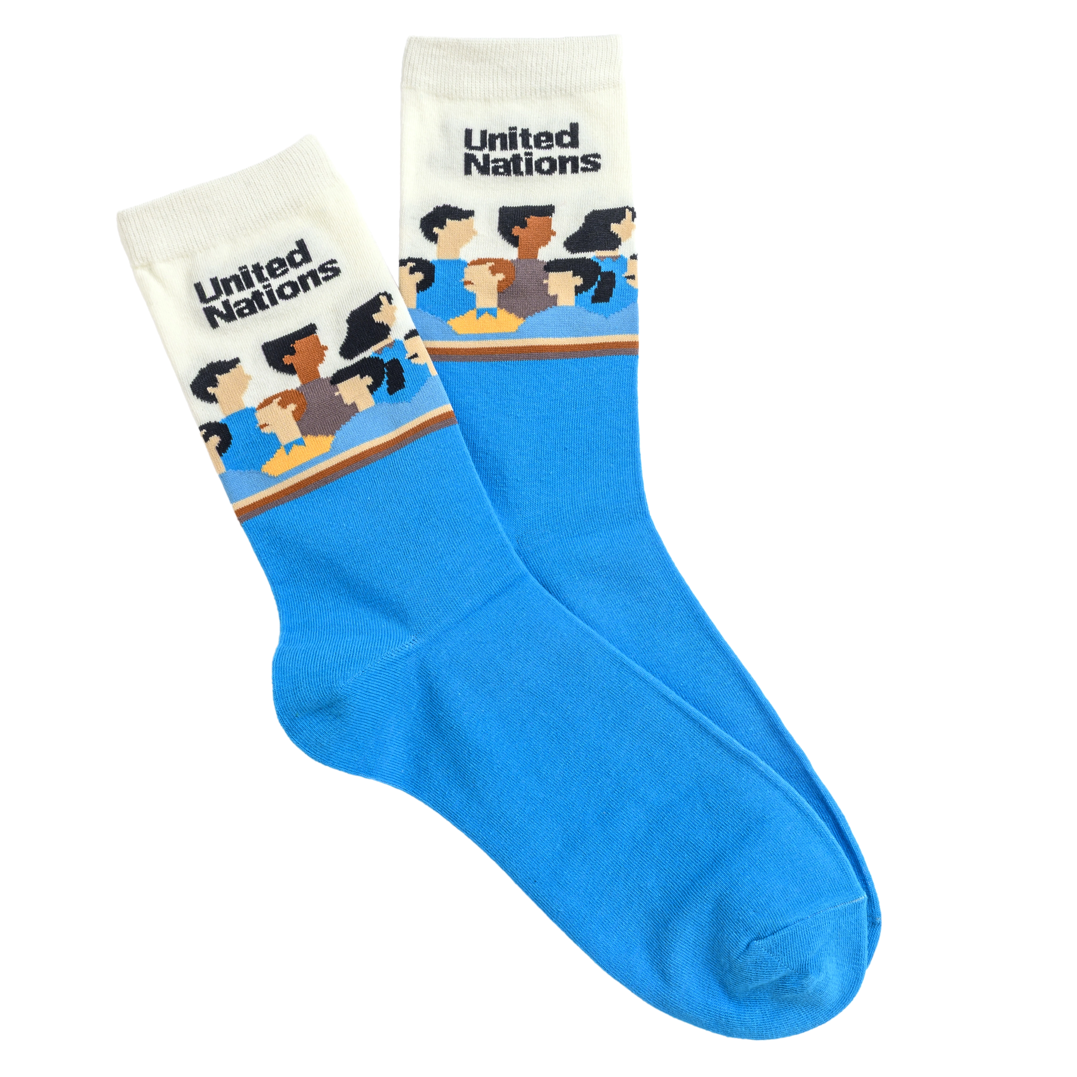A pair of blue socks with white cuffs featuring the text 'United Nations' and a graphic of people.