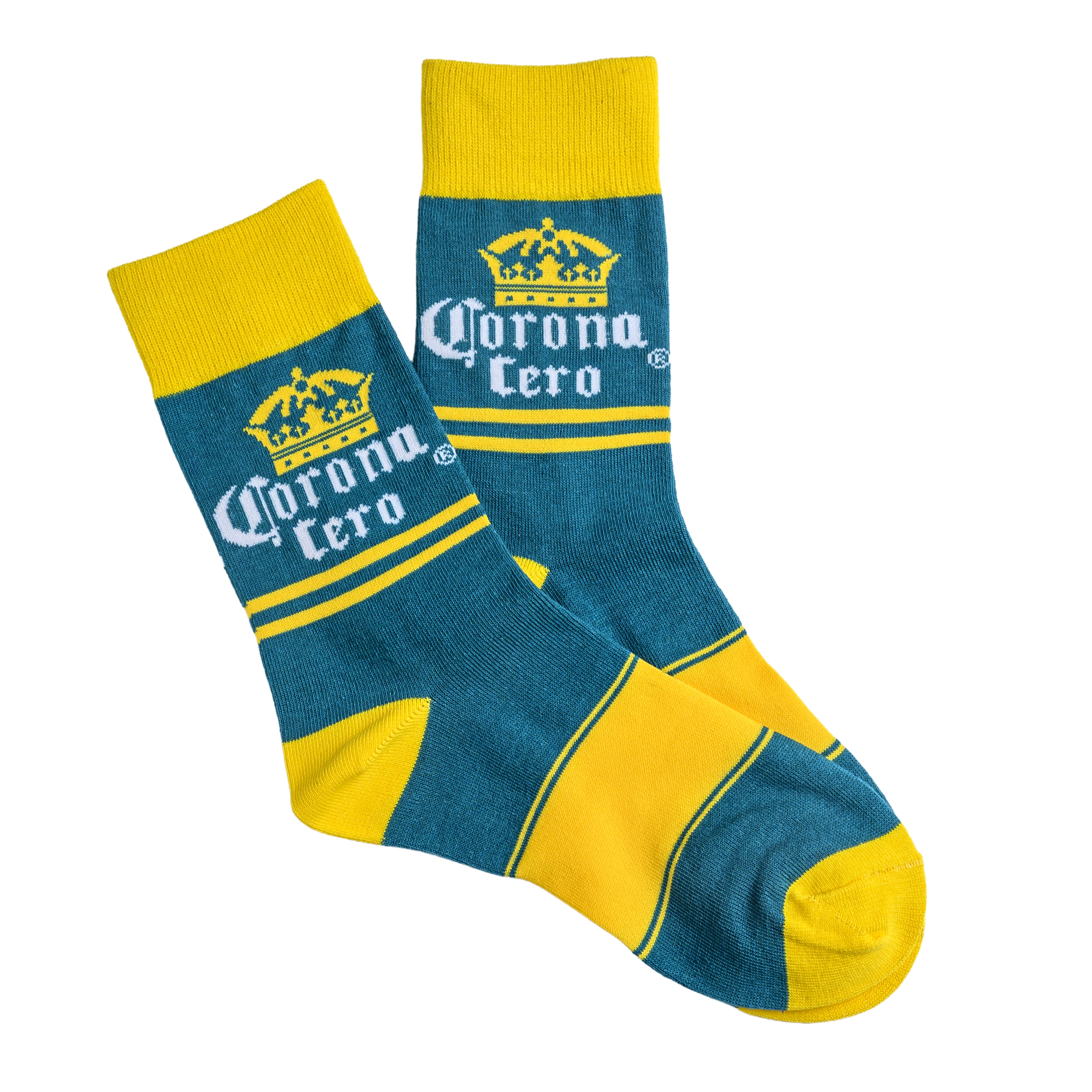 A pair of blue and yellow socks with the Corona Cero logo against a white background.