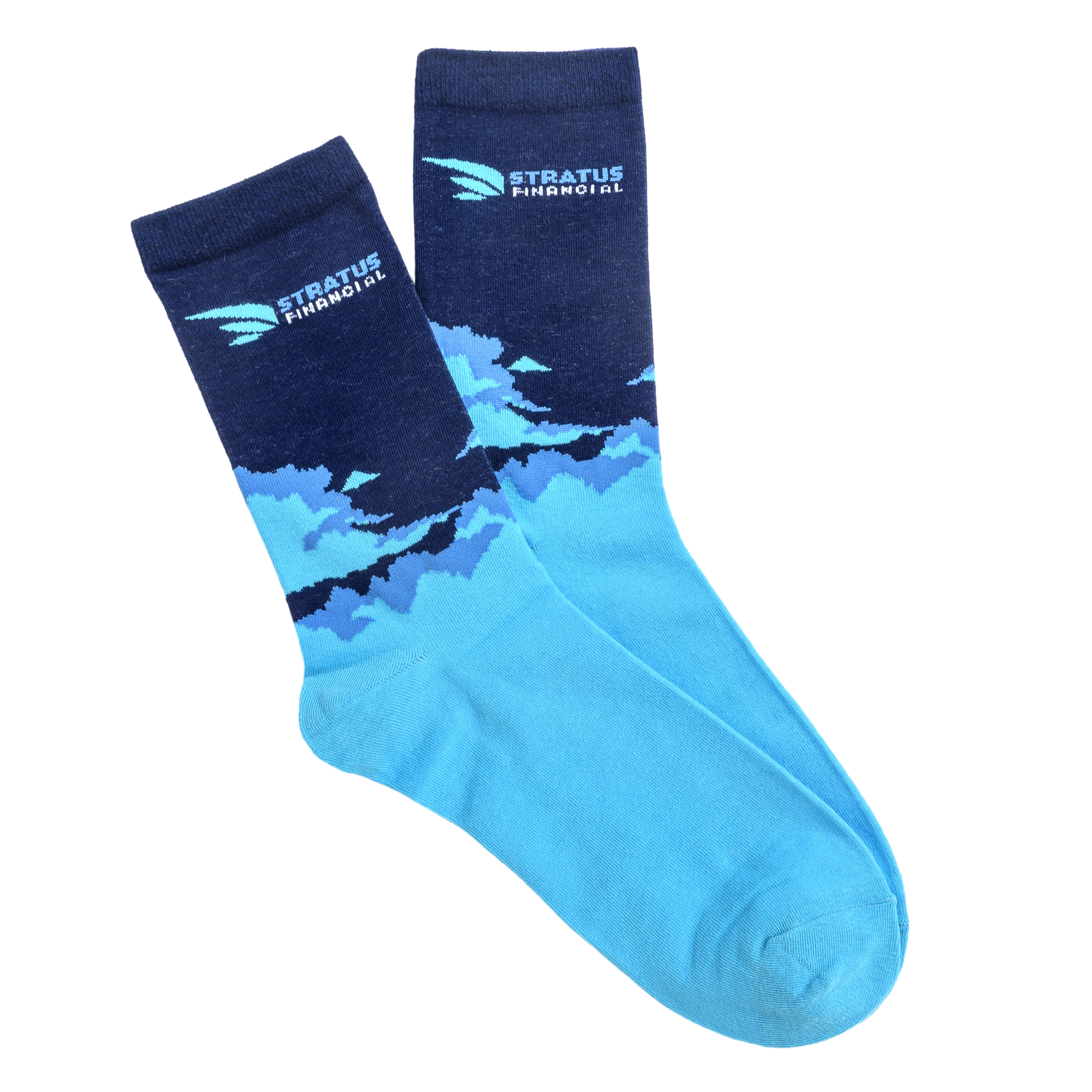 A pair of blue socks with a cloud pattern and the Stratus Financial logo on the cuff.