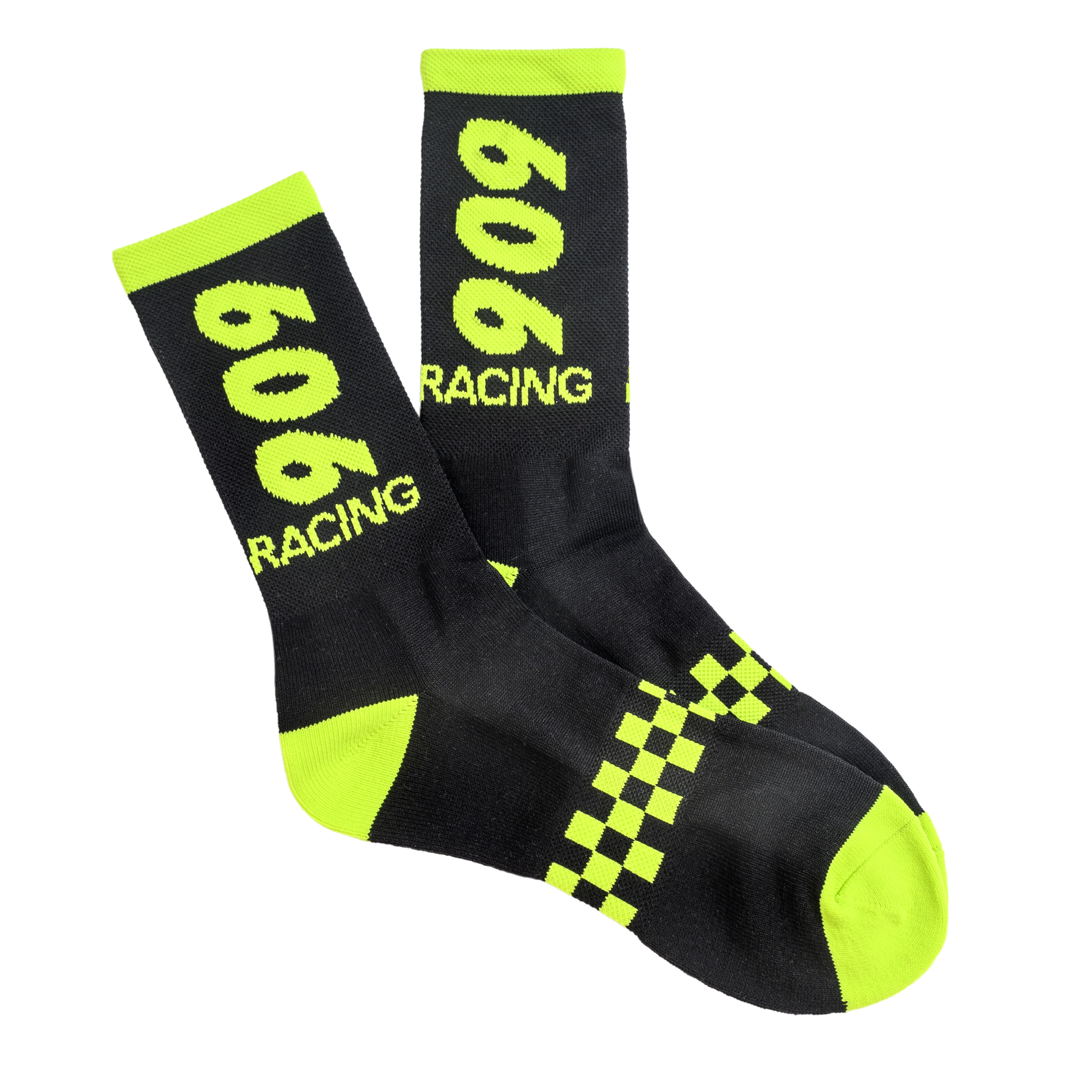 A pair of black and neon yellow athletic socks with the text '606 RACING' and checkered accents.