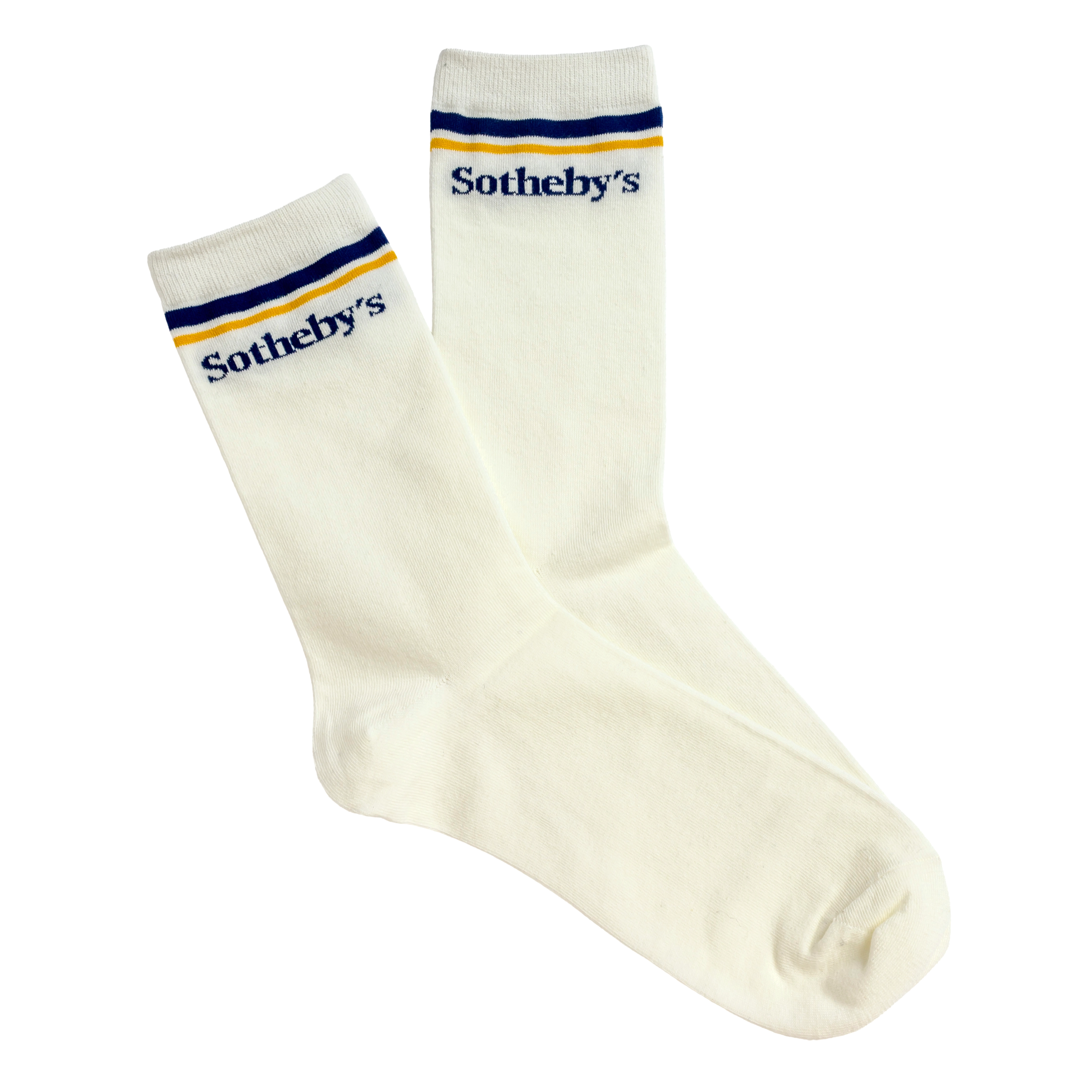 A pair of off-white ribbed socks with blue and yellow stripes and the word 'Sotheby's' on the cuff.