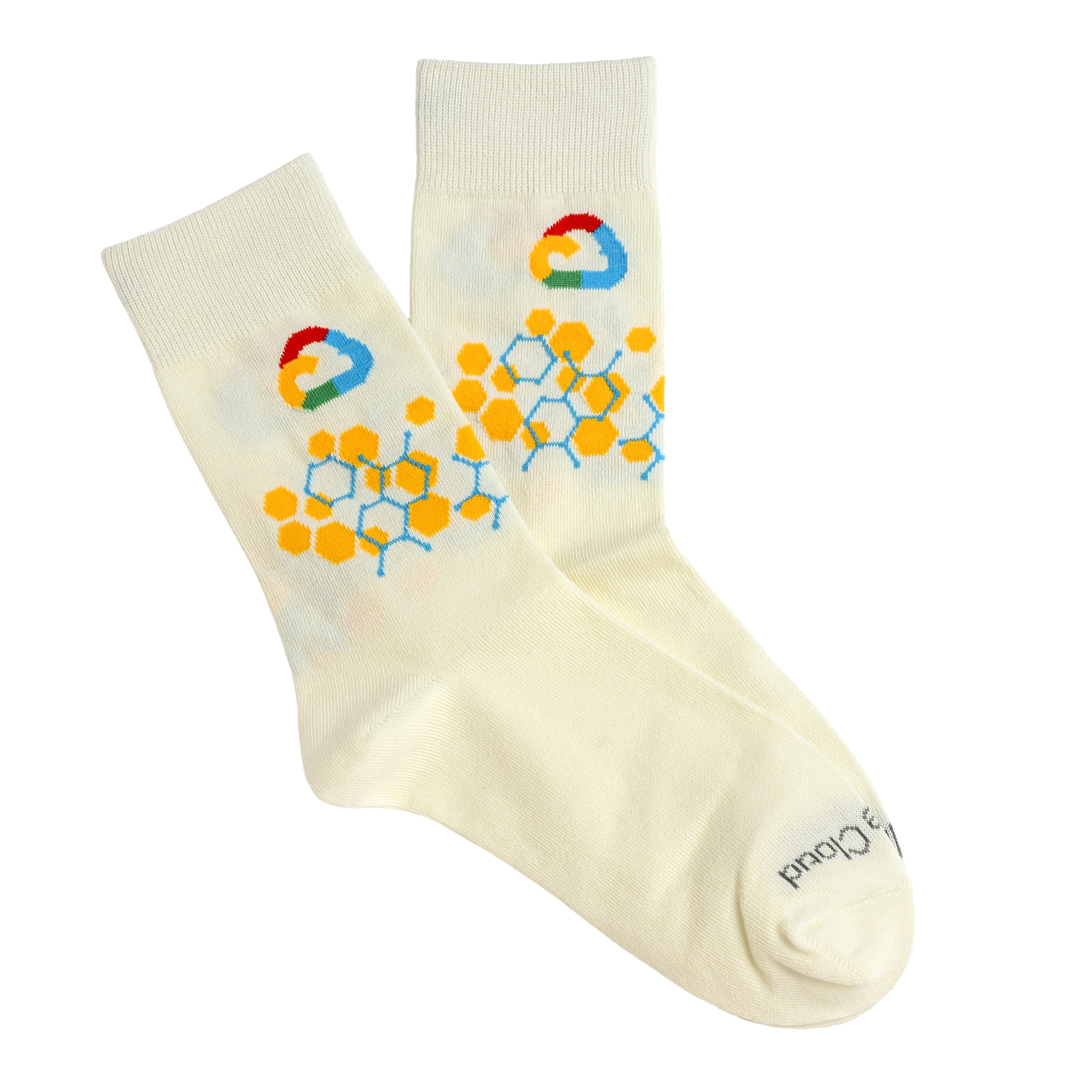 A pair of cream-colored socks with a colorful Google Cloud logo and a yellow and blue honeycomb pattern.