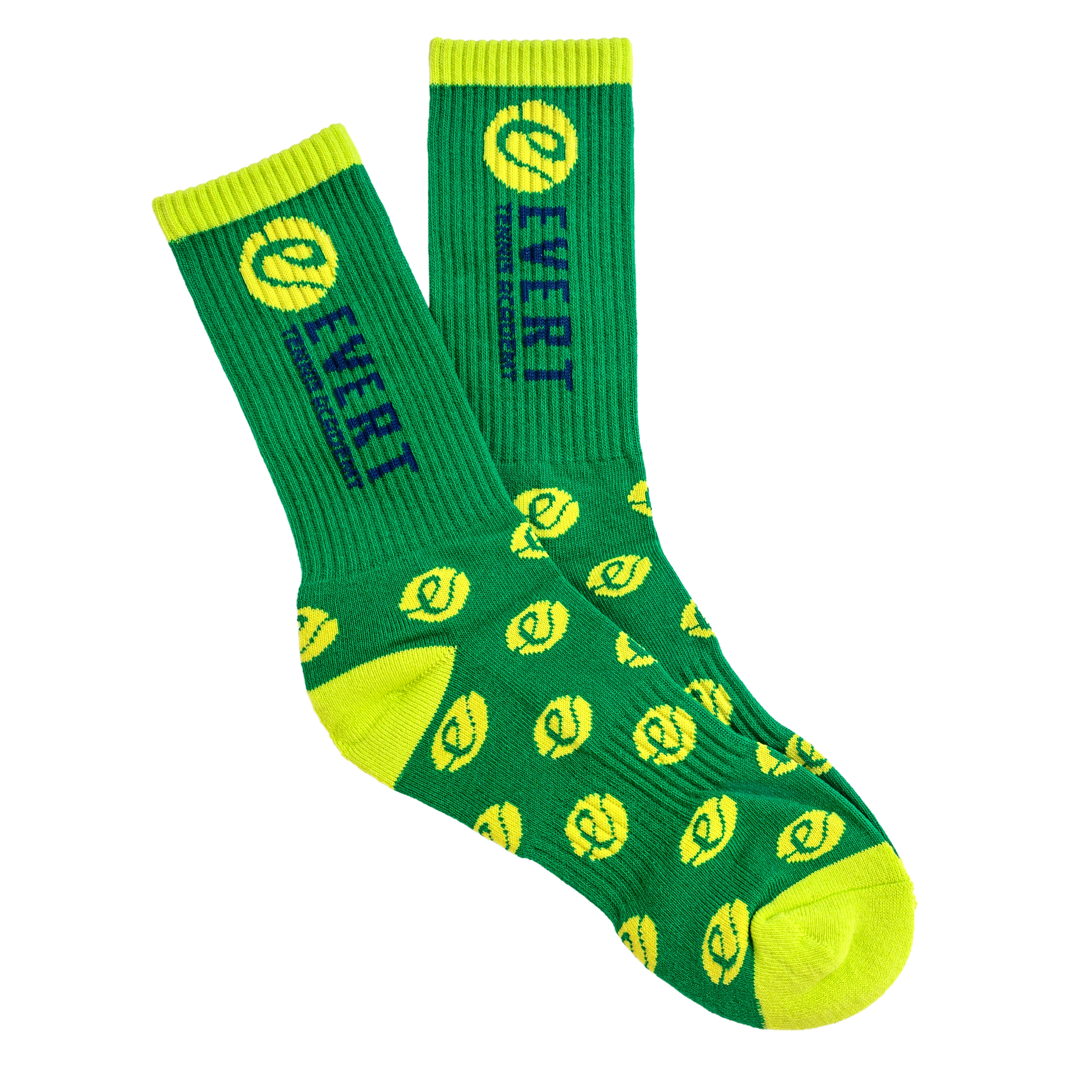 A pair of green and neon yellow custom tennis socks featuring the Event Tennis Academy logo and playful tennis ball pattern.