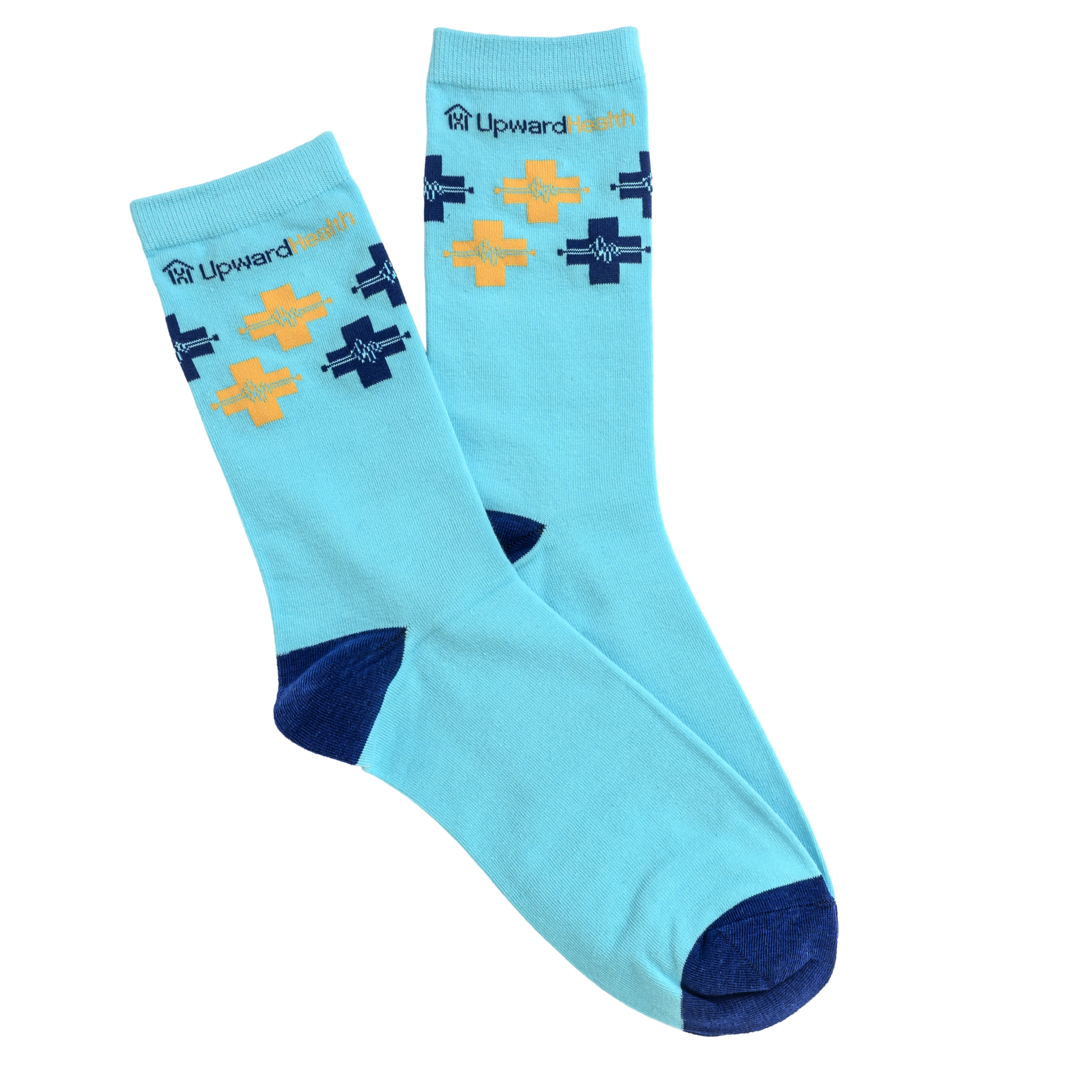 A pair of light blue socks with dark blue heels and toes, featuring the Upward Health logo.