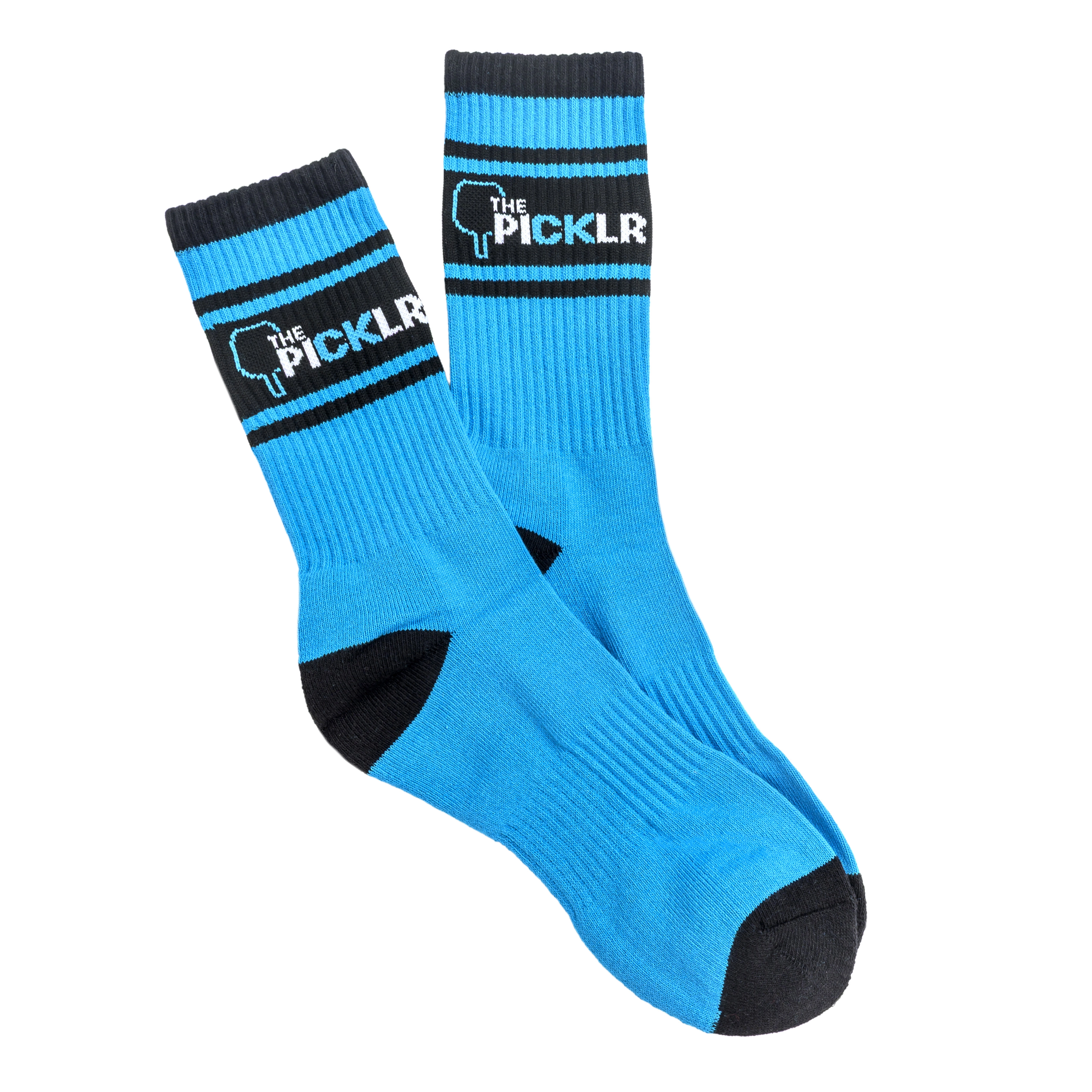A pair of blue and black striped crew socks with 'The Picklr' logo on the cuff.