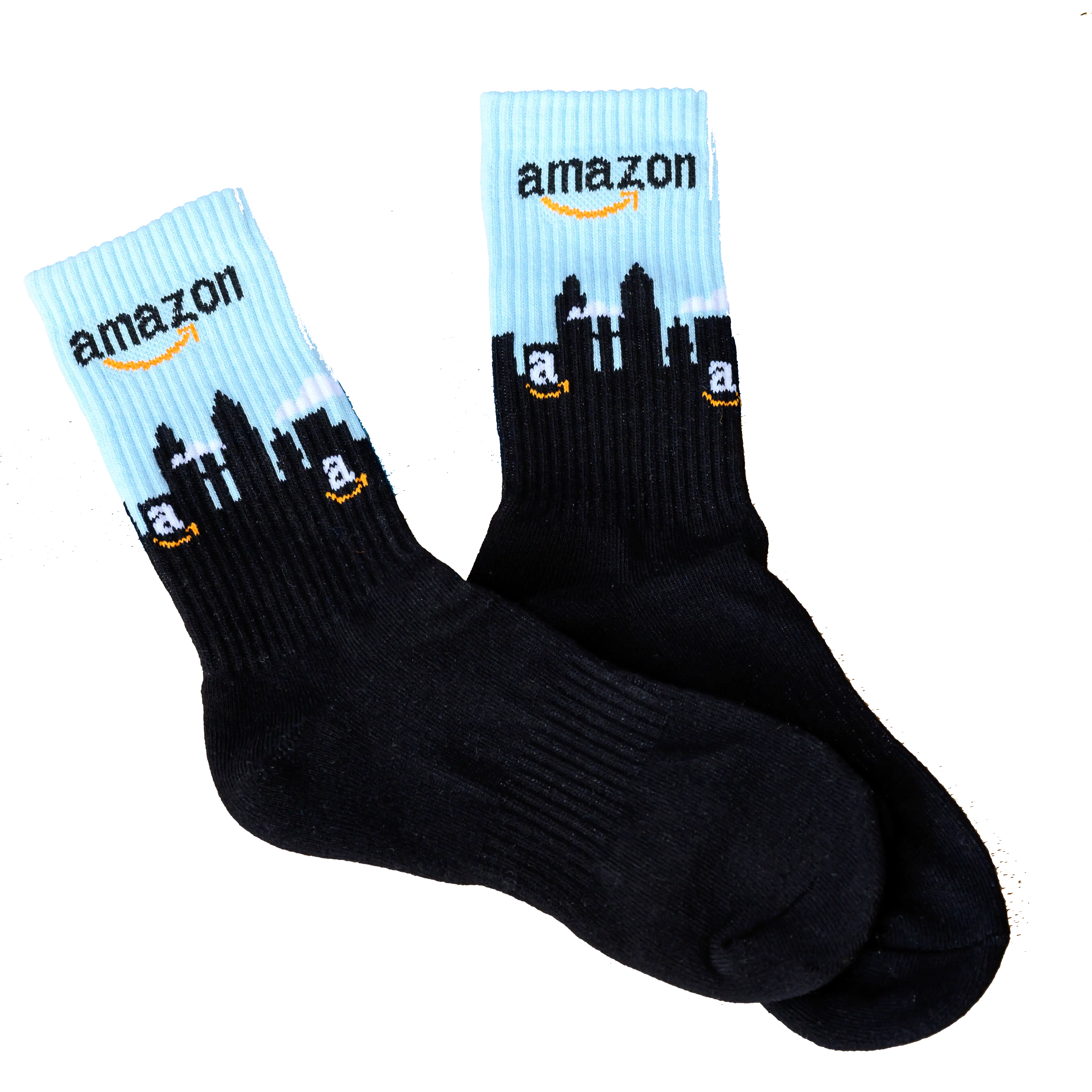 A pair of black and light blue socks with the Amazon logo and a city skyline design.