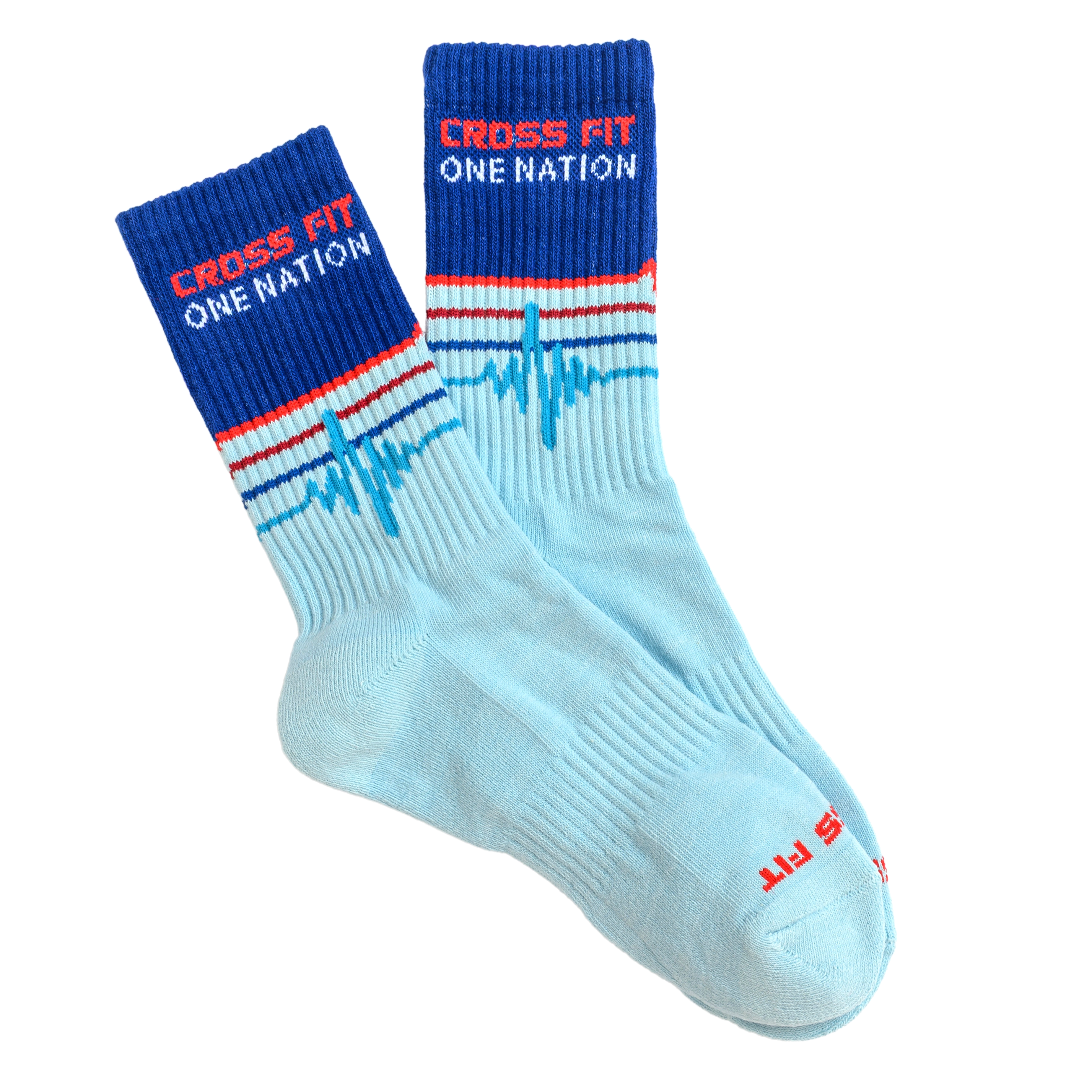 A pair of light blue and dark blue Cross Fit One Nation athletic socks against a white background.