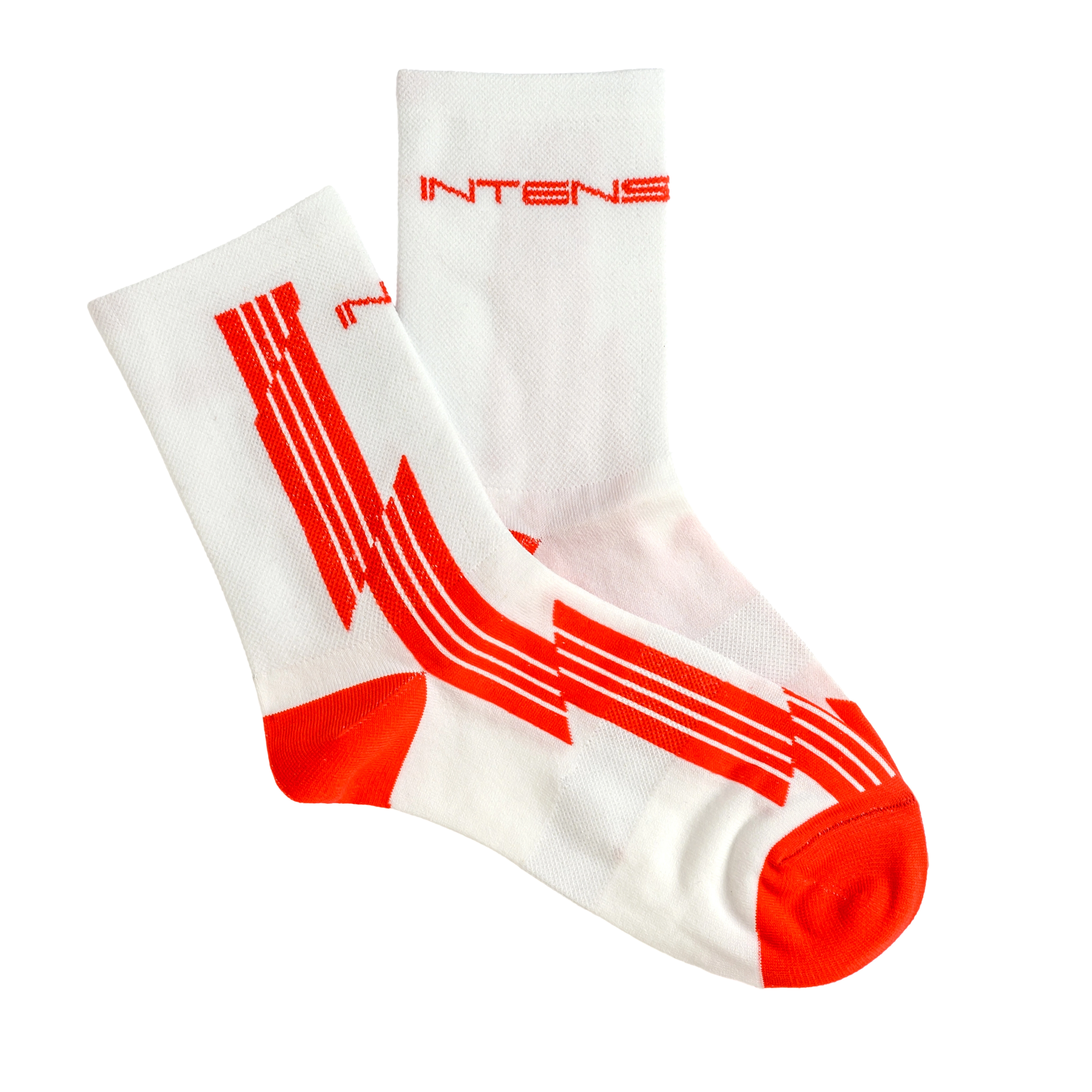 A pair of white and red athletic socks with the word 'Intense' on the cuff.